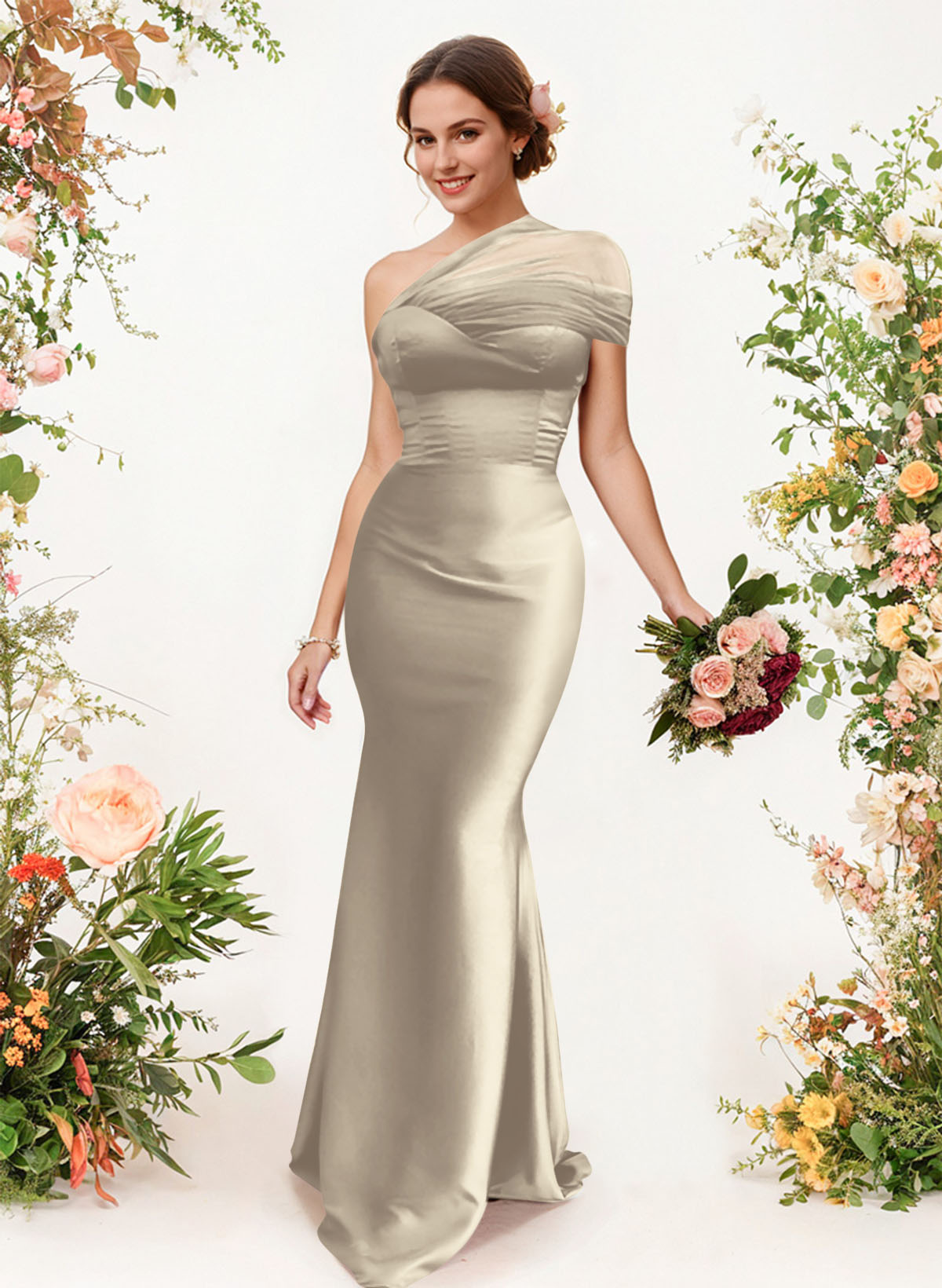 Trumpet/Mermaid One-Shoulder Sleeveless Satin/Tulle Bridesmaid Dresses, product image 275