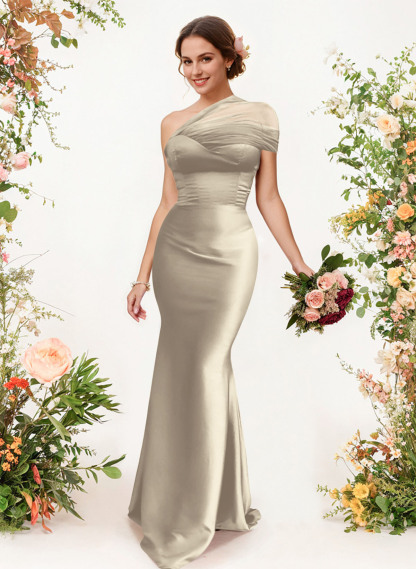 Trumpet/Mermaid One-Shoulder Sleeveless Satin/Tulle Bridesmaid Dresses