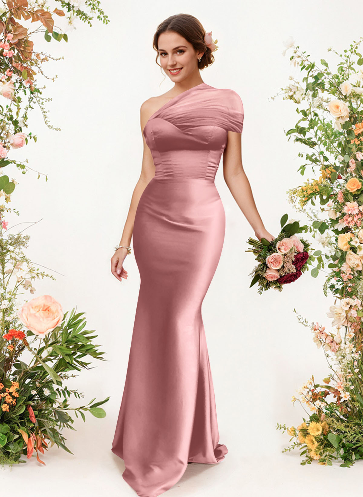 Trumpet/Mermaid One-Shoulder Sleeveless Satin/Tulle Bridesmaid Dresses, product image 95