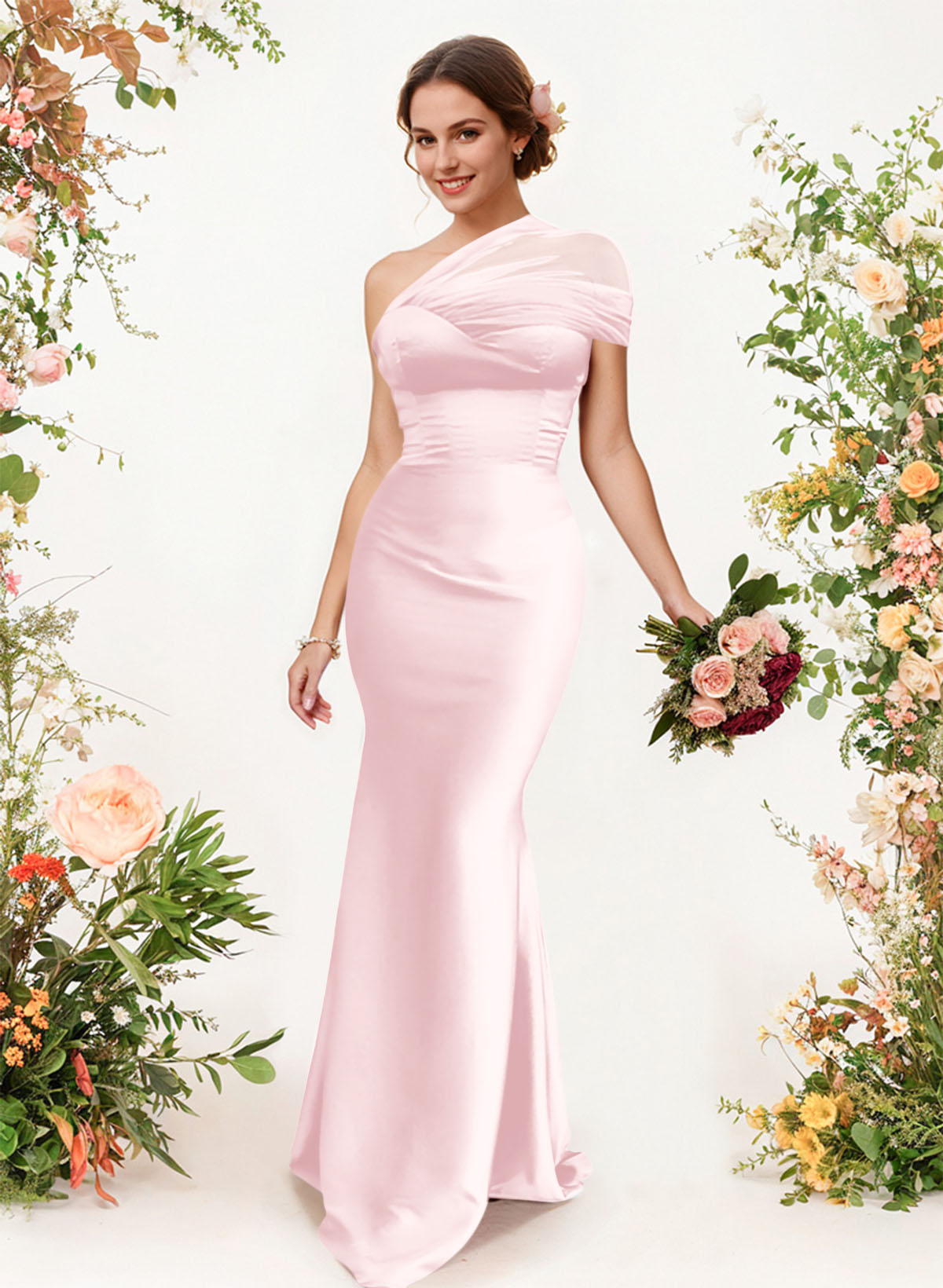 Trumpet/Mermaid One-Shoulder Sleeveless Satin/Tulle Bridesmaid Dresses, product image 110