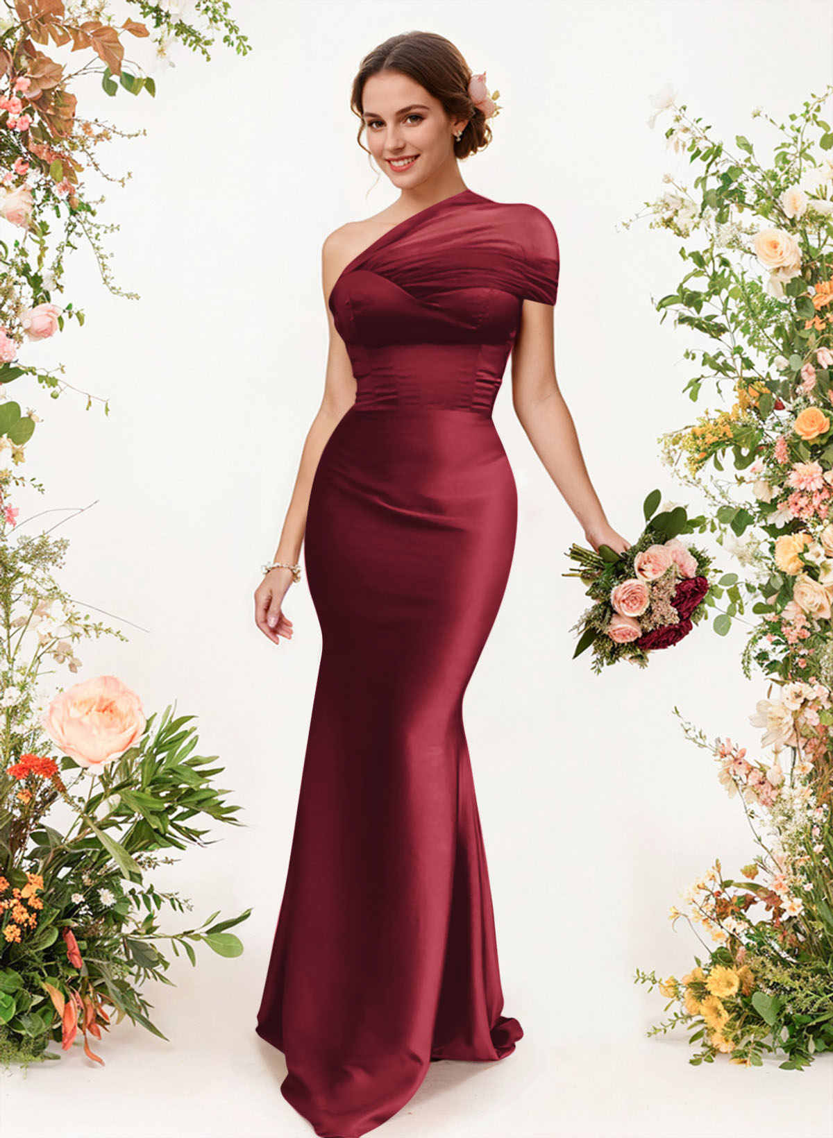 Trumpet/Mermaid One-Shoulder Sleeveless Satin/Tulle Bridesmaid Dresses, product image 125