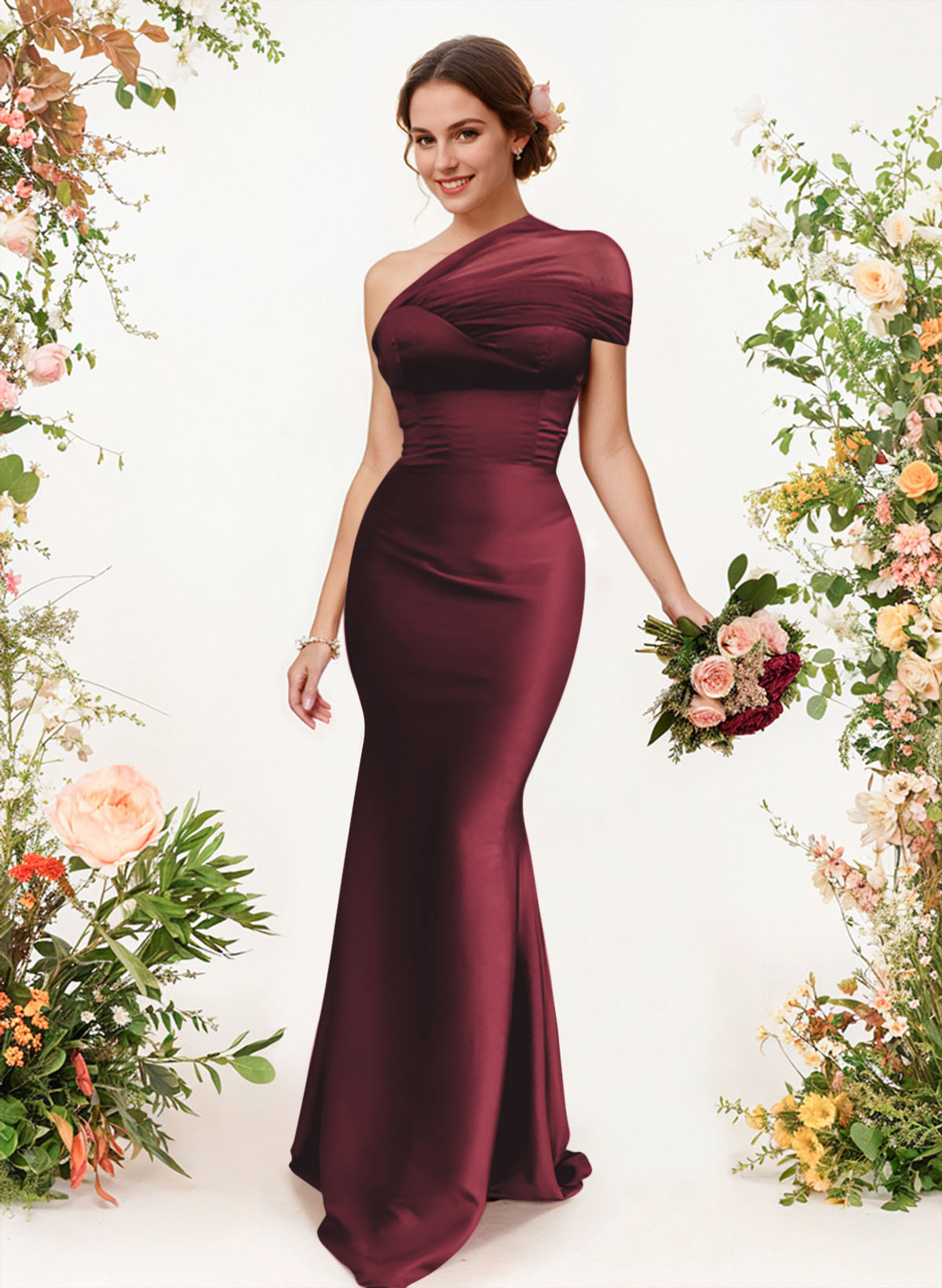 Trumpet/Mermaid One-Shoulder Sleeveless Satin/Tulle Bridesmaid Dresses, product image 130