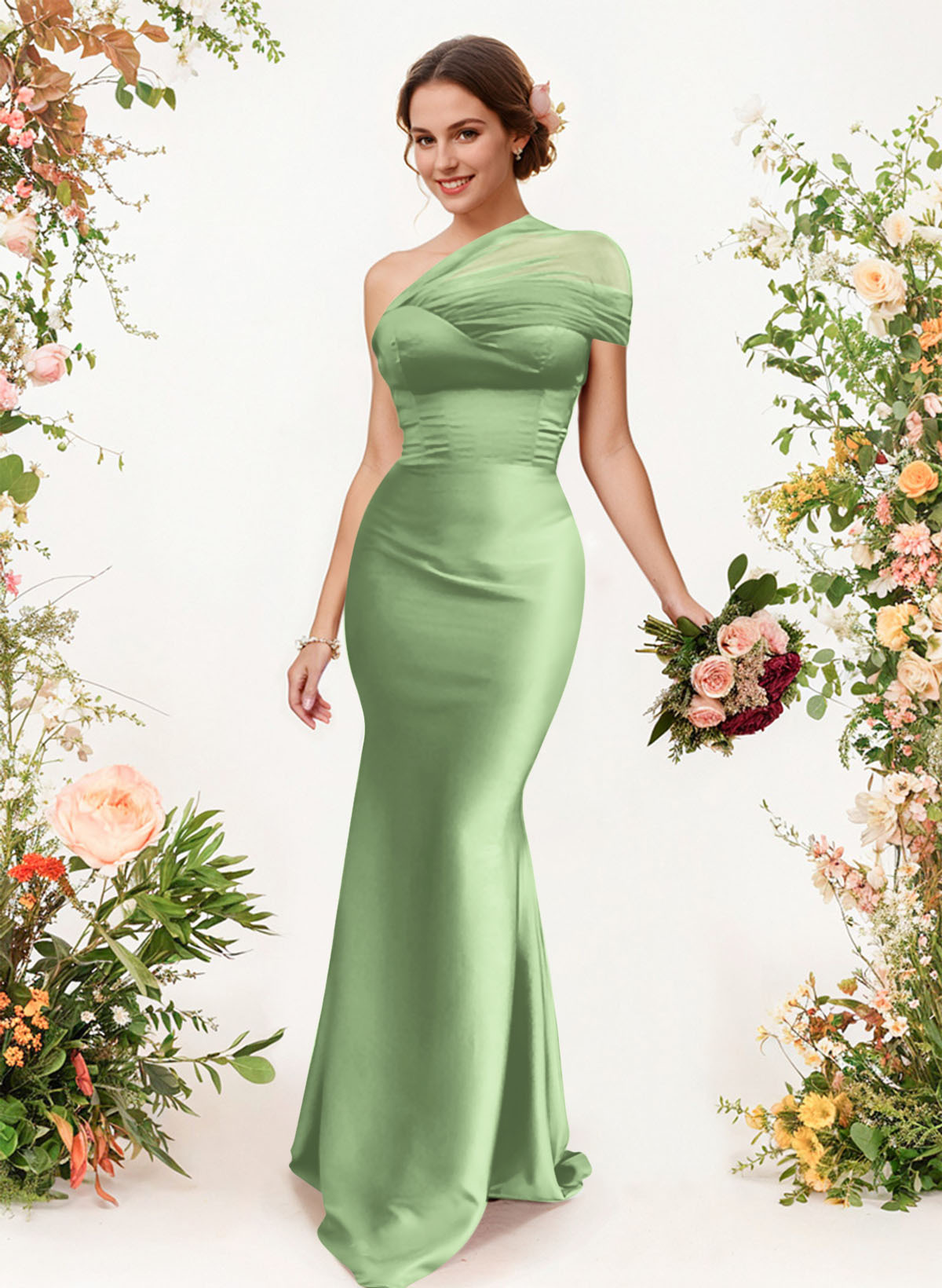 Trumpet/Mermaid One-Shoulder Sleeveless Satin/Tulle Bridesmaid Dresses, product image 225