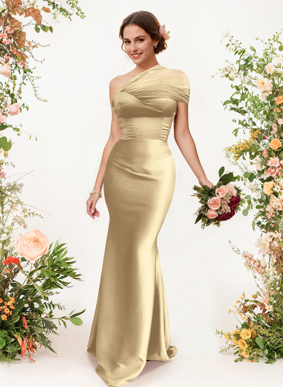 Trumpet/Mermaid One-Shoulder Sleeveless Satin/Tulle Bridesmaid Dresses, product image 15