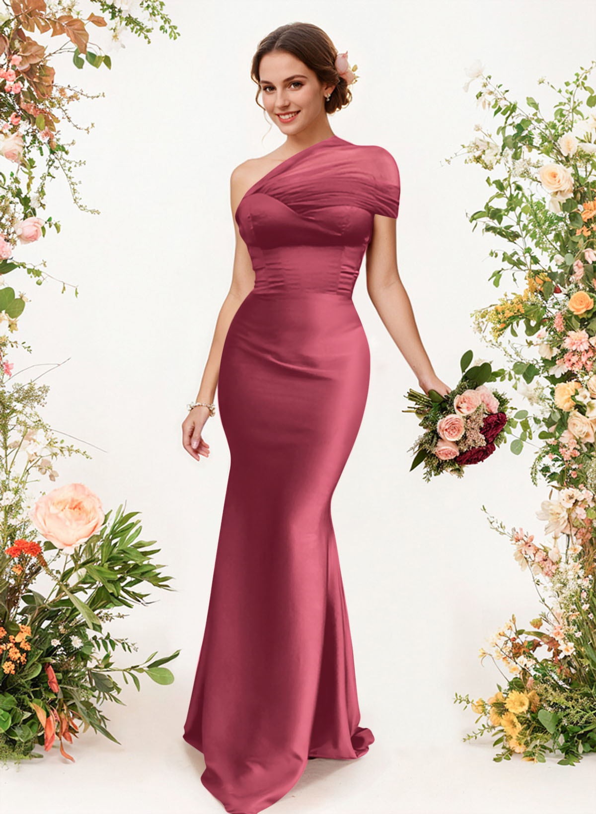 Trumpet/Mermaid One-Shoulder Sleeveless Satin/Tulle Bridesmaid Dresses, product image 135