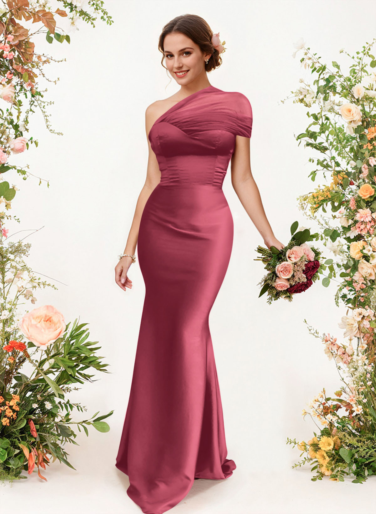 Trumpet/Mermaid One-Shoulder Sleeveless Satin/Tulle Bridesmaid Dresses, product image 135