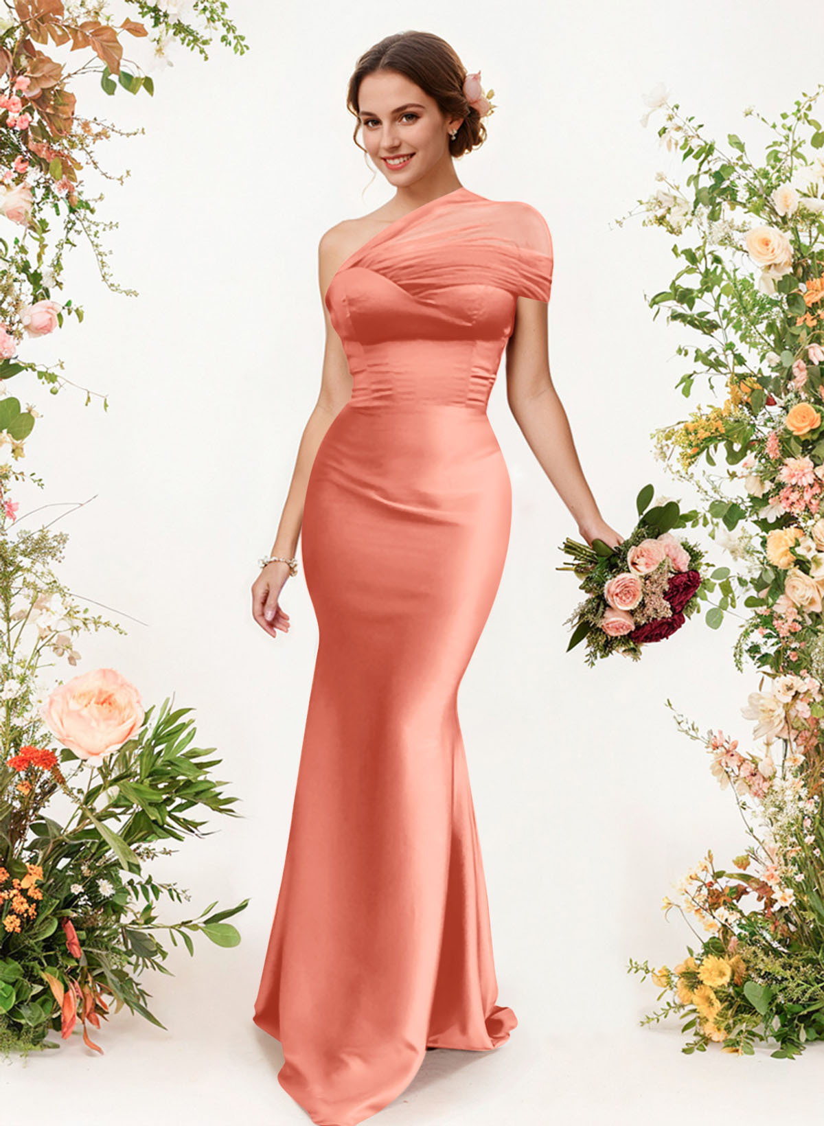Trumpet/Mermaid One-Shoulder Sleeveless Satin/Tulle Bridesmaid Dresses, product image 105