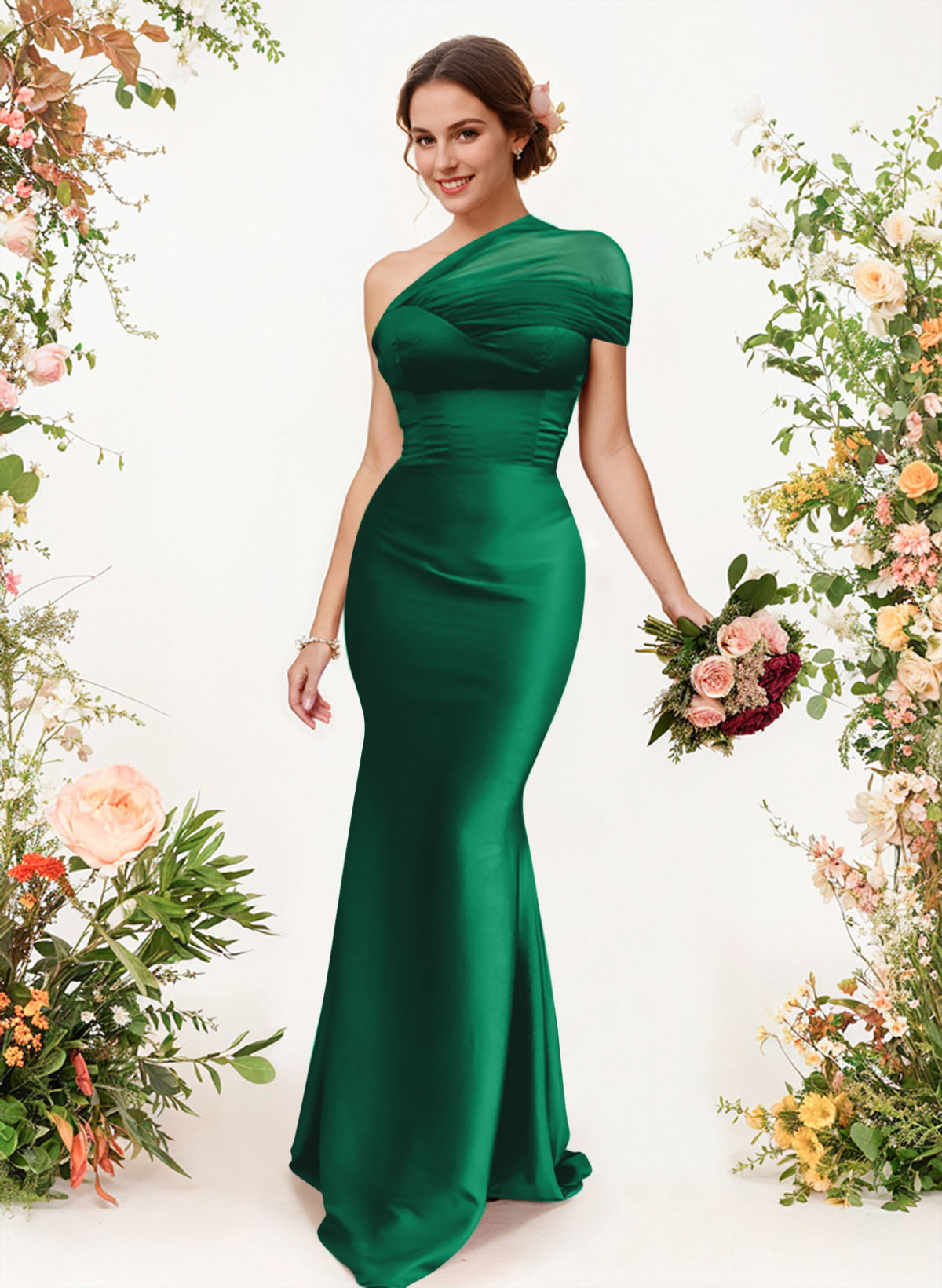 Trumpet/Mermaid One-Shoulder Sleeveless Satin/Tulle Bridesmaid Dresses, product image 215