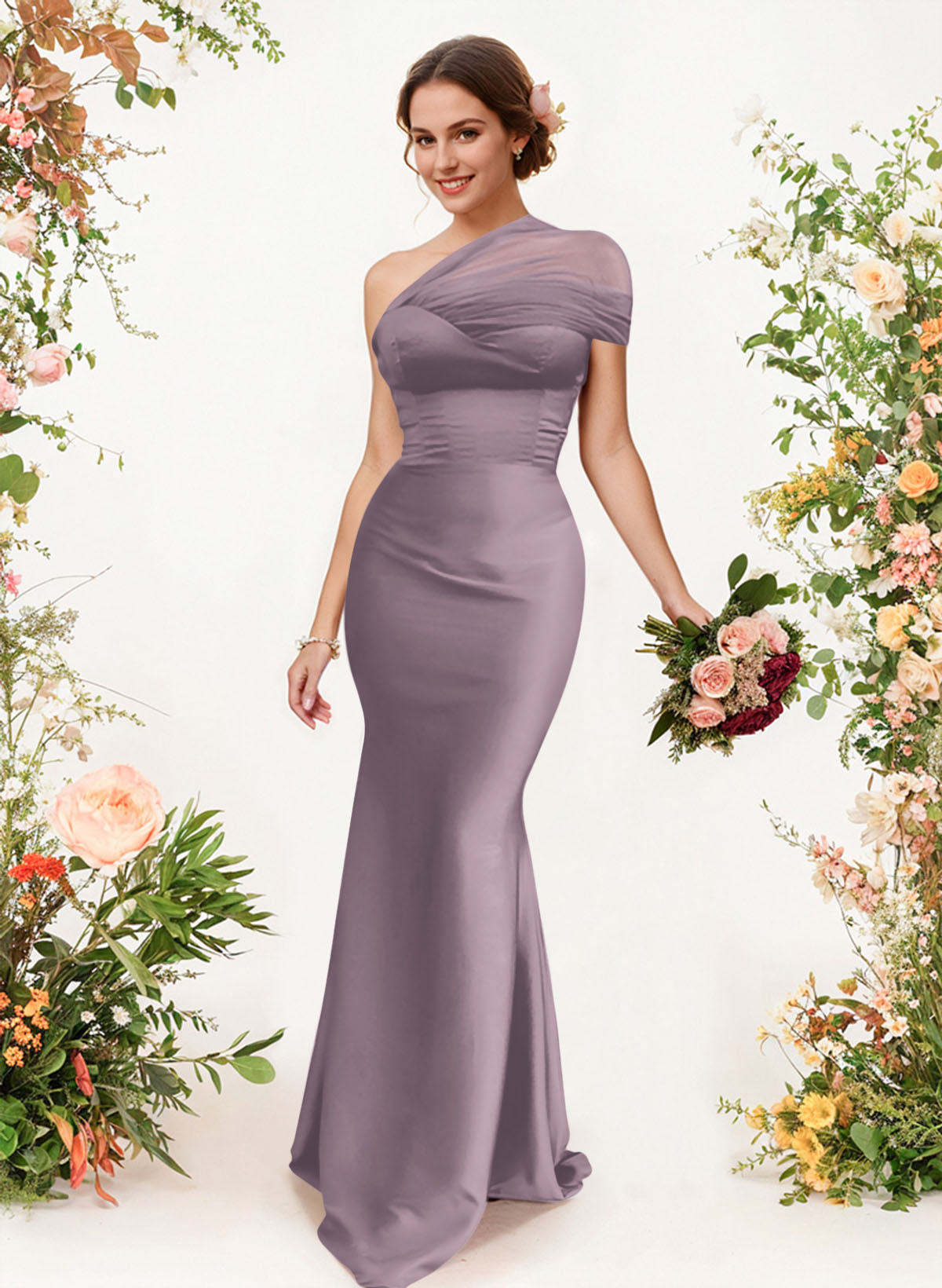 Trumpet/Mermaid One-Shoulder Sleeveless Satin/Tulle Bridesmaid Dresses, product image 170