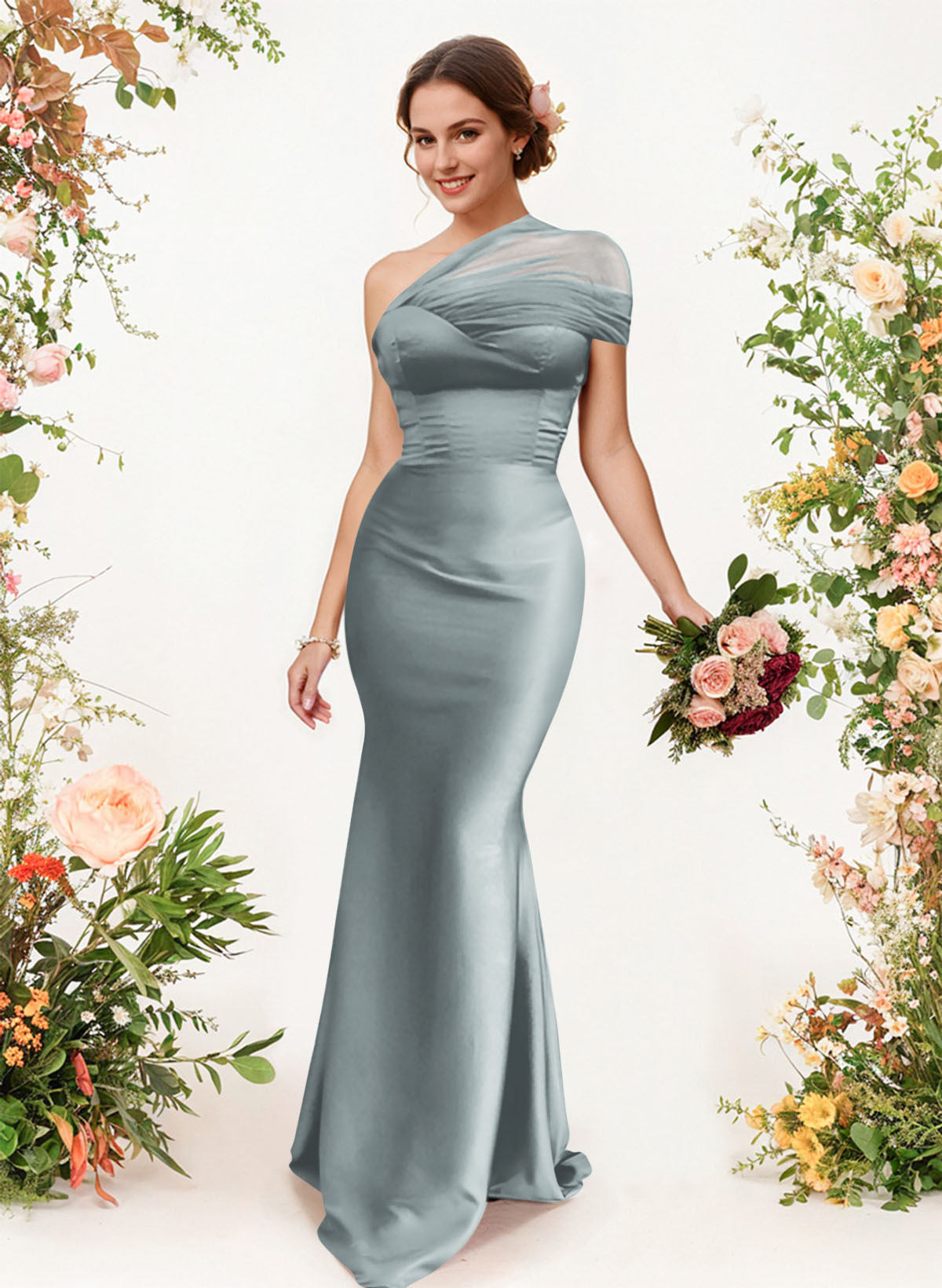 Trumpet/Mermaid One-Shoulder Sleeveless Satin/Tulle Bridesmaid Dresses, product image 45