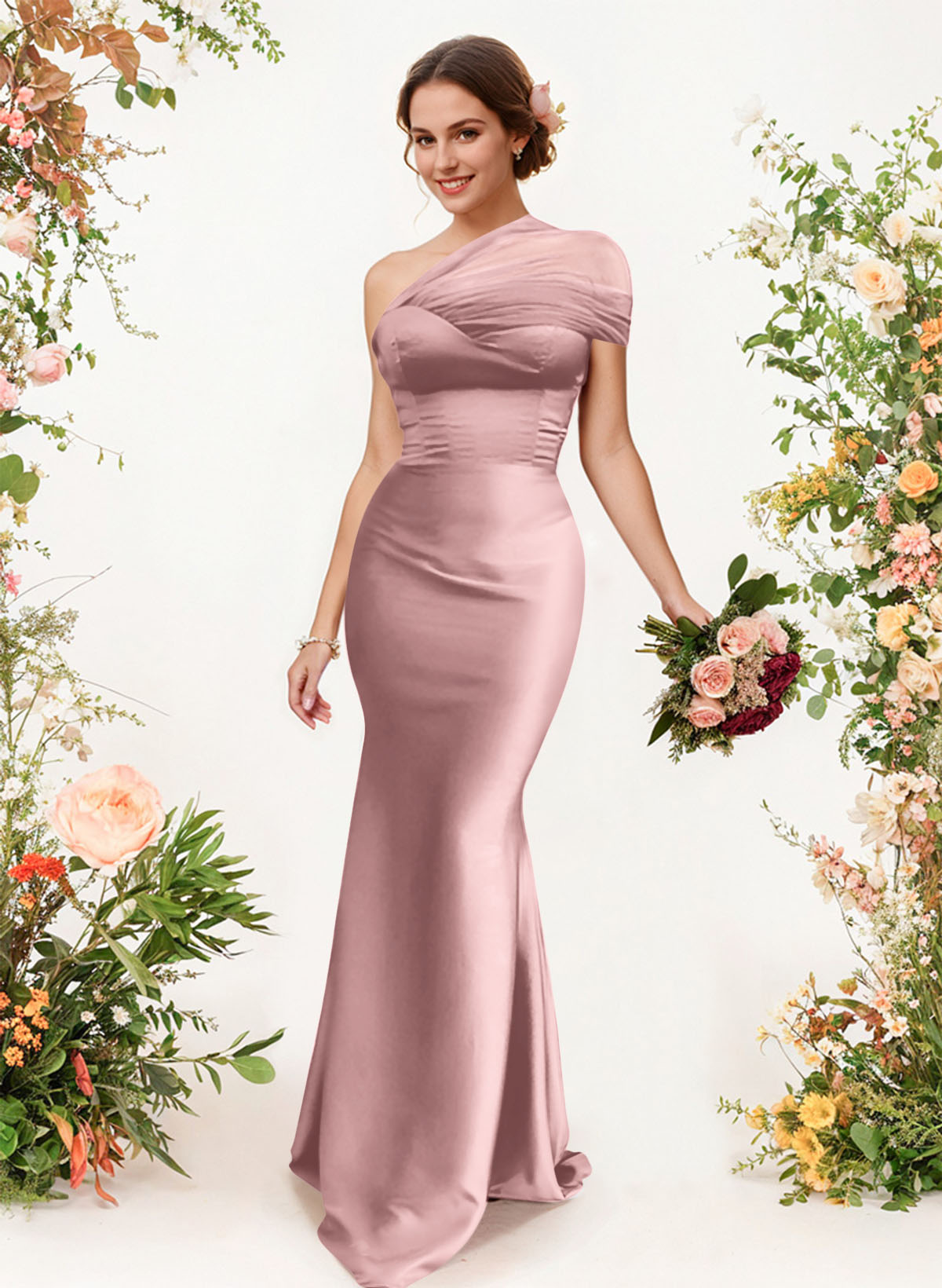 Trumpet/Mermaid One-Shoulder Sleeveless Satin/Tulle Bridesmaid Dresses, product image 85