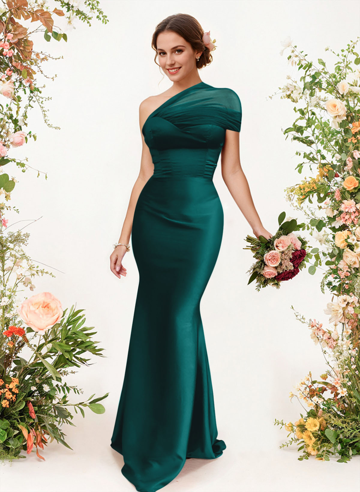 Trumpet/Mermaid One-Shoulder Sleeveless Satin/Tulle Bridesmaid Dresses, product image 235