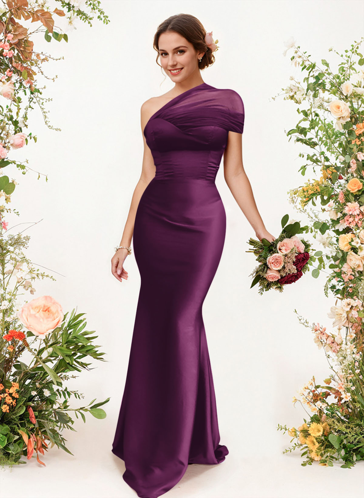 Trumpet/Mermaid One-Shoulder Sleeveless Satin/Tulle Bridesmaid Dresses, product image 165