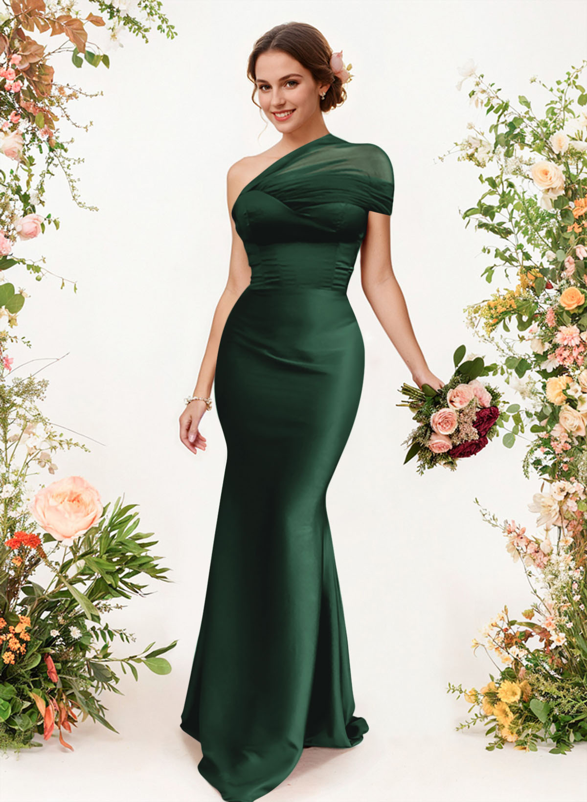 Trumpet/Mermaid One-Shoulder Sleeveless Satin/Tulle Bridesmaid Dresses, product image 210