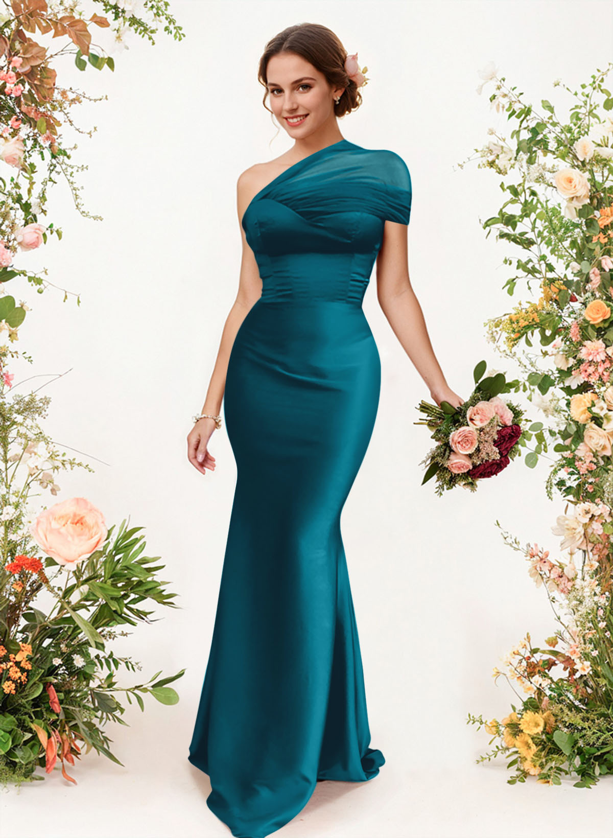 Trumpet/Mermaid One-Shoulder Sleeveless Satin/Tulle Bridesmaid Dresses, product image 55