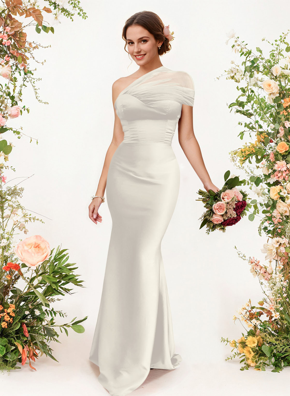 Trumpet/Mermaid One-Shoulder Sleeveless Satin/Tulle Bridesmaid Dresses, product image 315