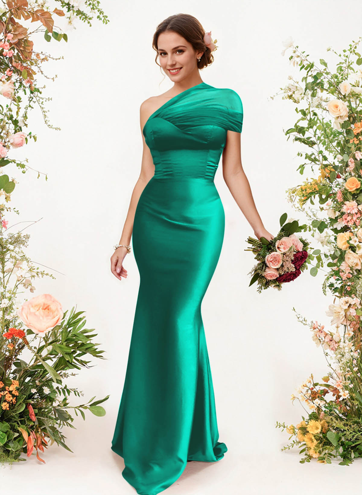 Trumpet/Mermaid One-Shoulder Sleeveless Satin/Tulle Bridesmaid Dresses, product image 250