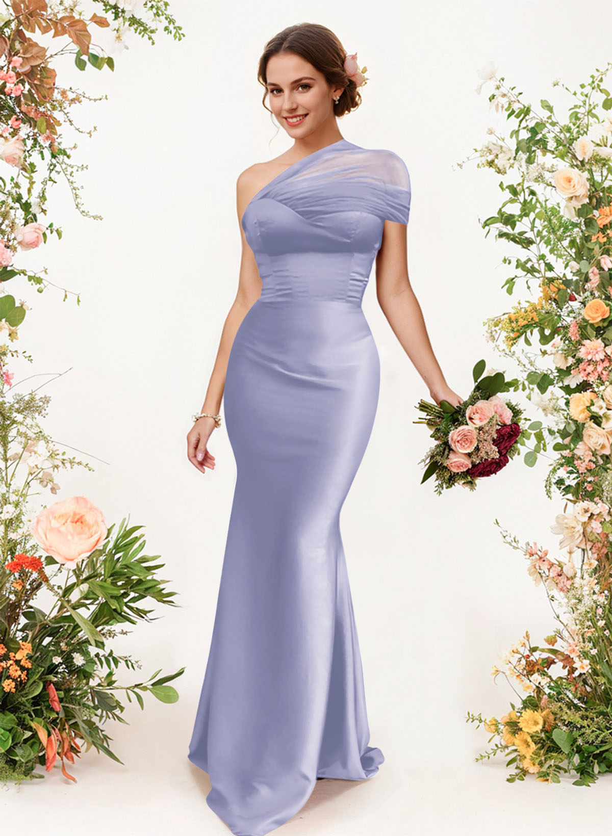 Trumpet/Mermaid One-Shoulder Sleeveless Satin/Tulle Bridesmaid Dresses, product image 200
