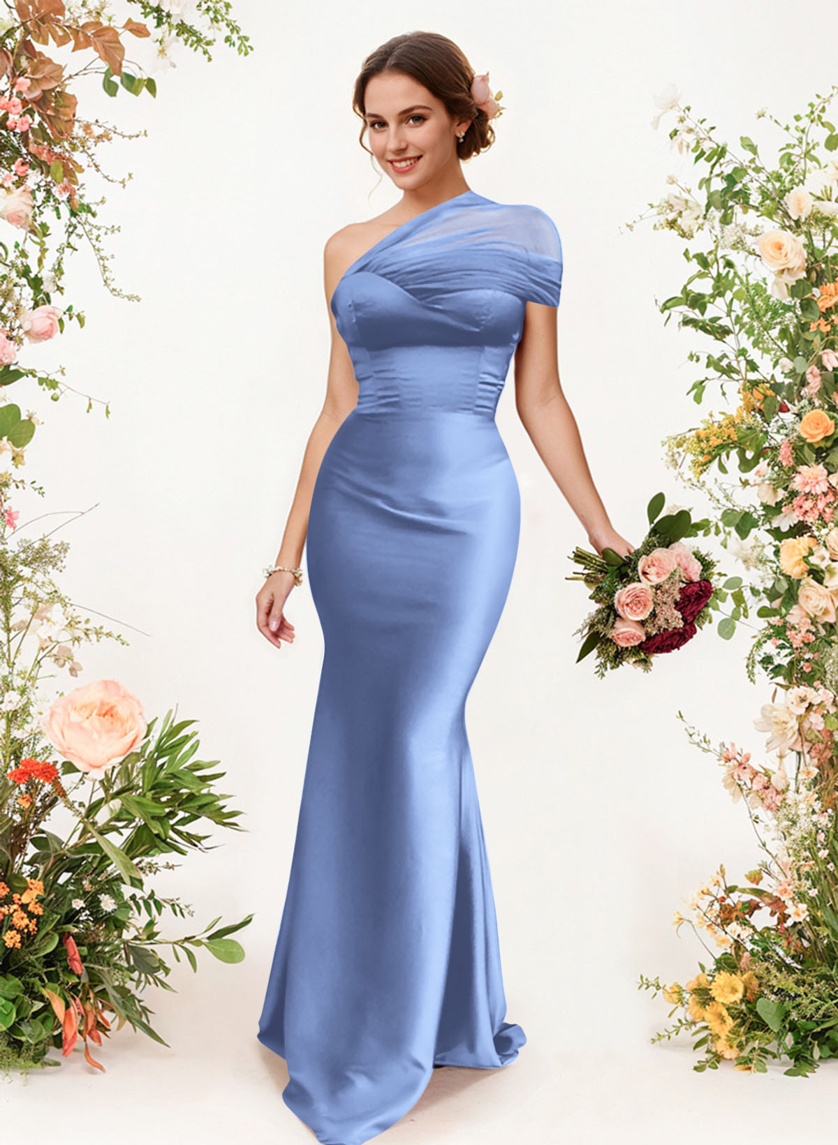 Trumpet/Mermaid One-Shoulder Sleeveless Satin/Tulle Bridesmaid Dresses, product image 70