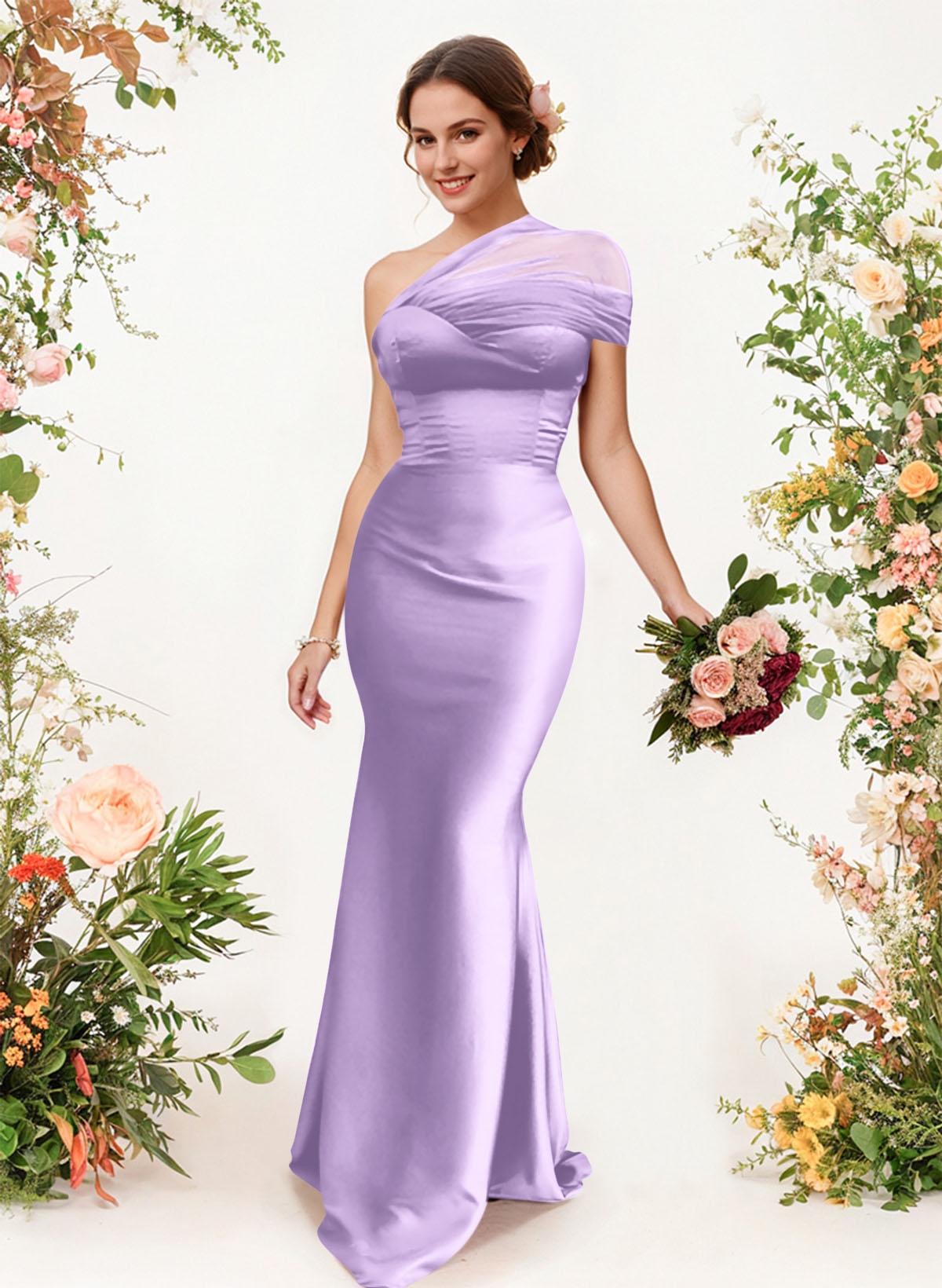 Trumpet/Mermaid One-Shoulder Sleeveless Satin/Tulle Bridesmaid Dresses, product image 195
