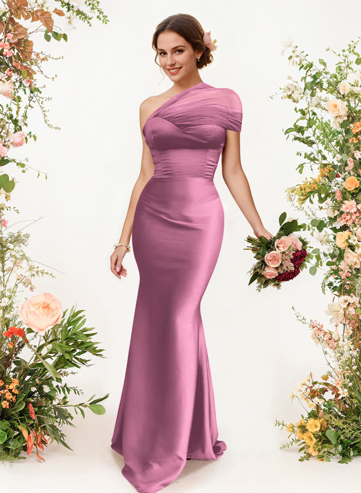 Trumpet/Mermaid One-Shoulder Sleeveless Satin/Tulle Bridesmaid Dresses, product image 190