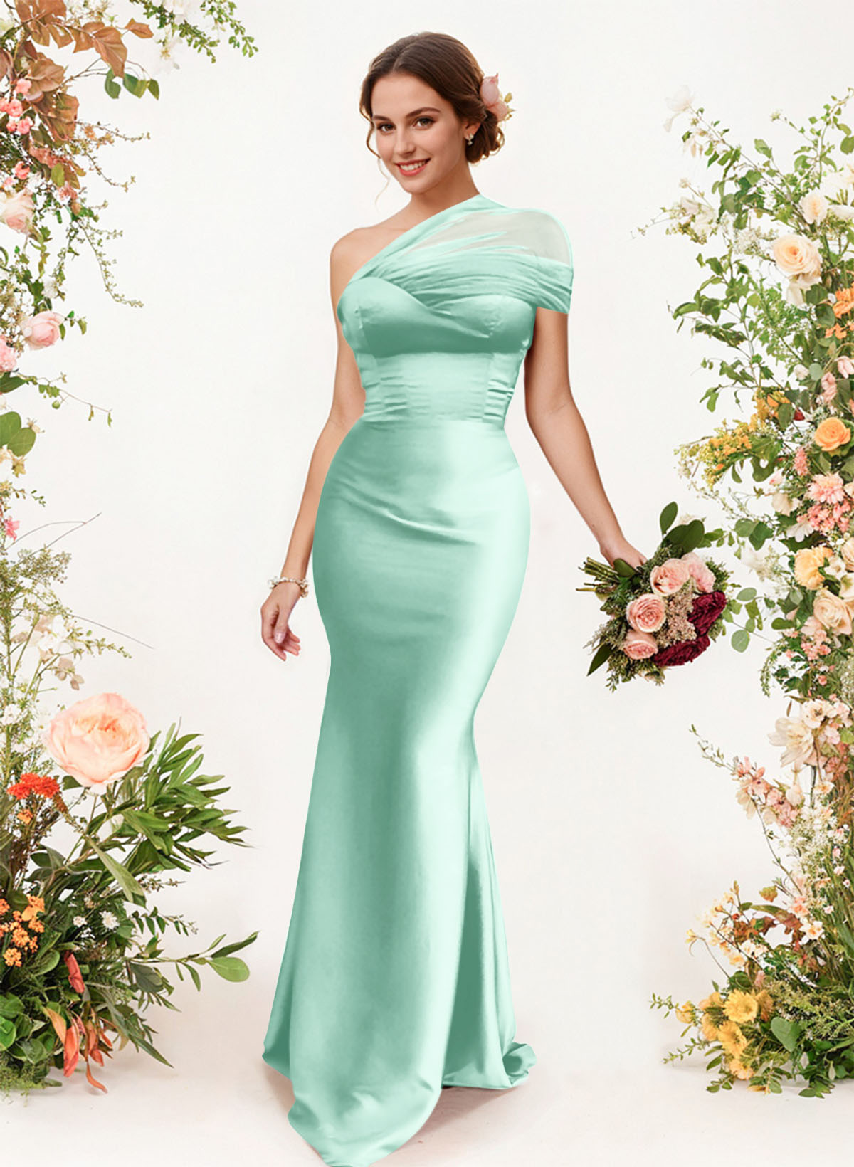 Trumpet/Mermaid One-Shoulder Sleeveless Satin/Tulle Bridesmaid Dresses, product image 255