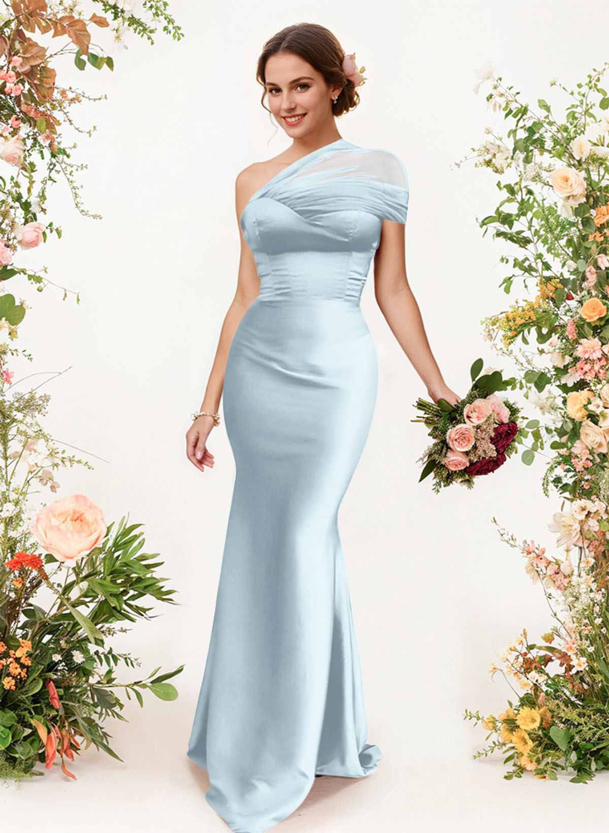 Trumpet/Mermaid One-Shoulder Sleeveless Satin/Tulle Bridesmaid Dresses, product image 260