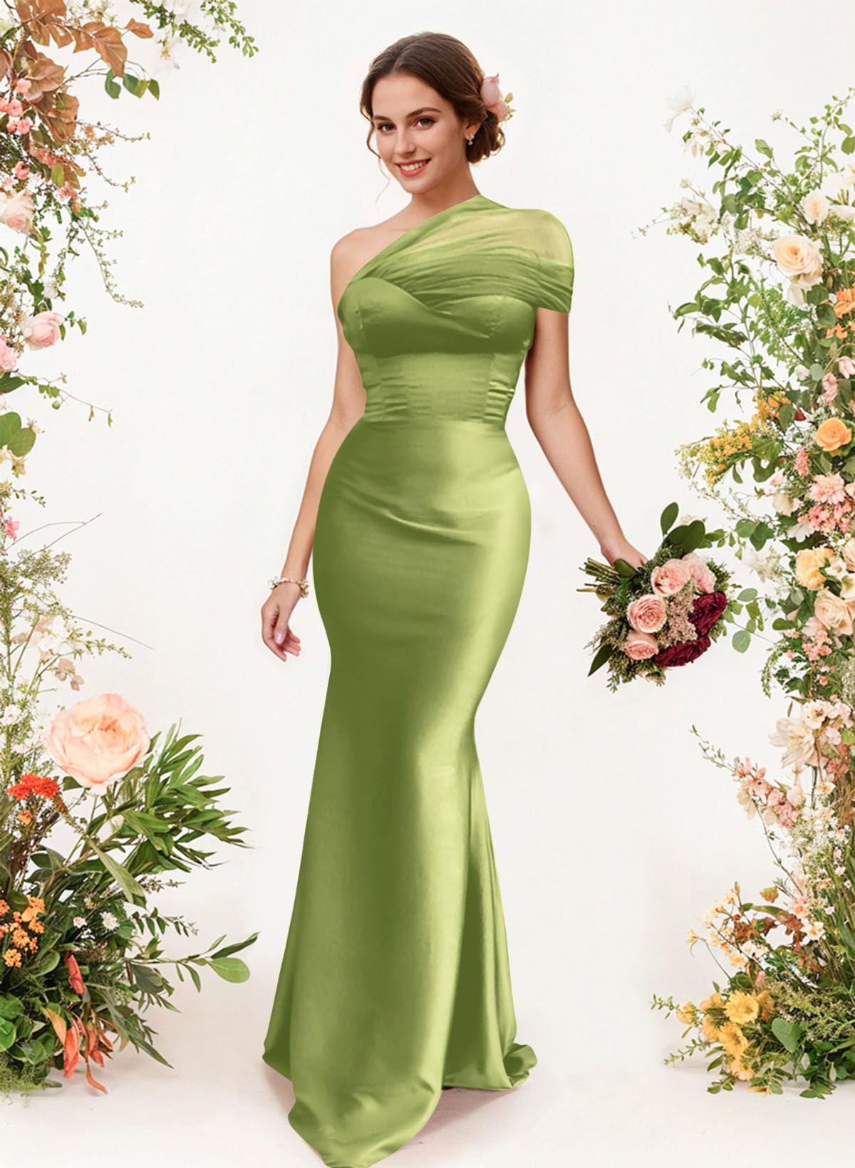 Trumpet/Mermaid One-Shoulder Sleeveless Satin/Tulle Bridesmaid Dresses, product image 335