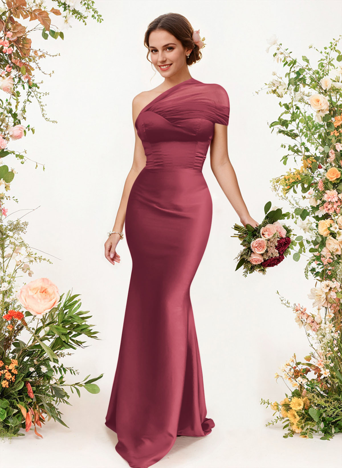 Trumpet/Mermaid One-Shoulder Sleeveless Satin/Tulle Bridesmaid Dresses, product image 140