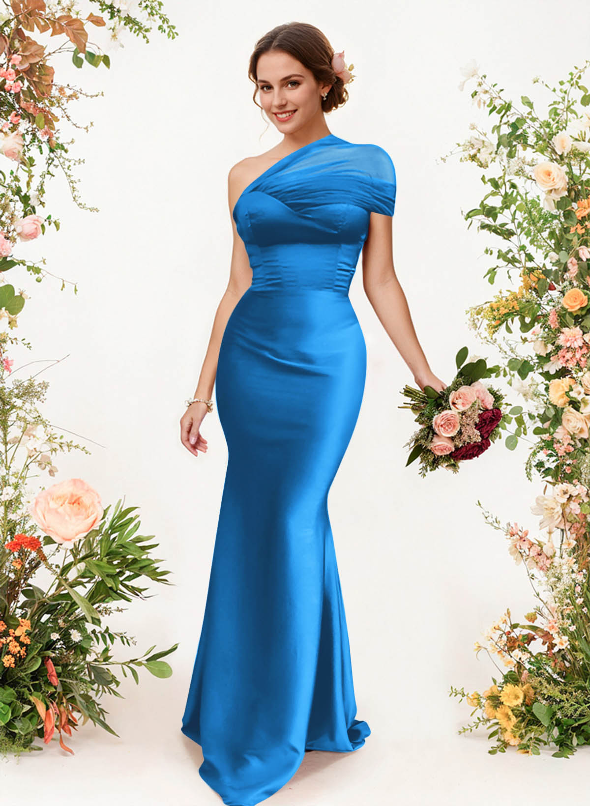 Trumpet/Mermaid One-Shoulder Sleeveless Satin/Tulle Bridesmaid Dresses, product image 65