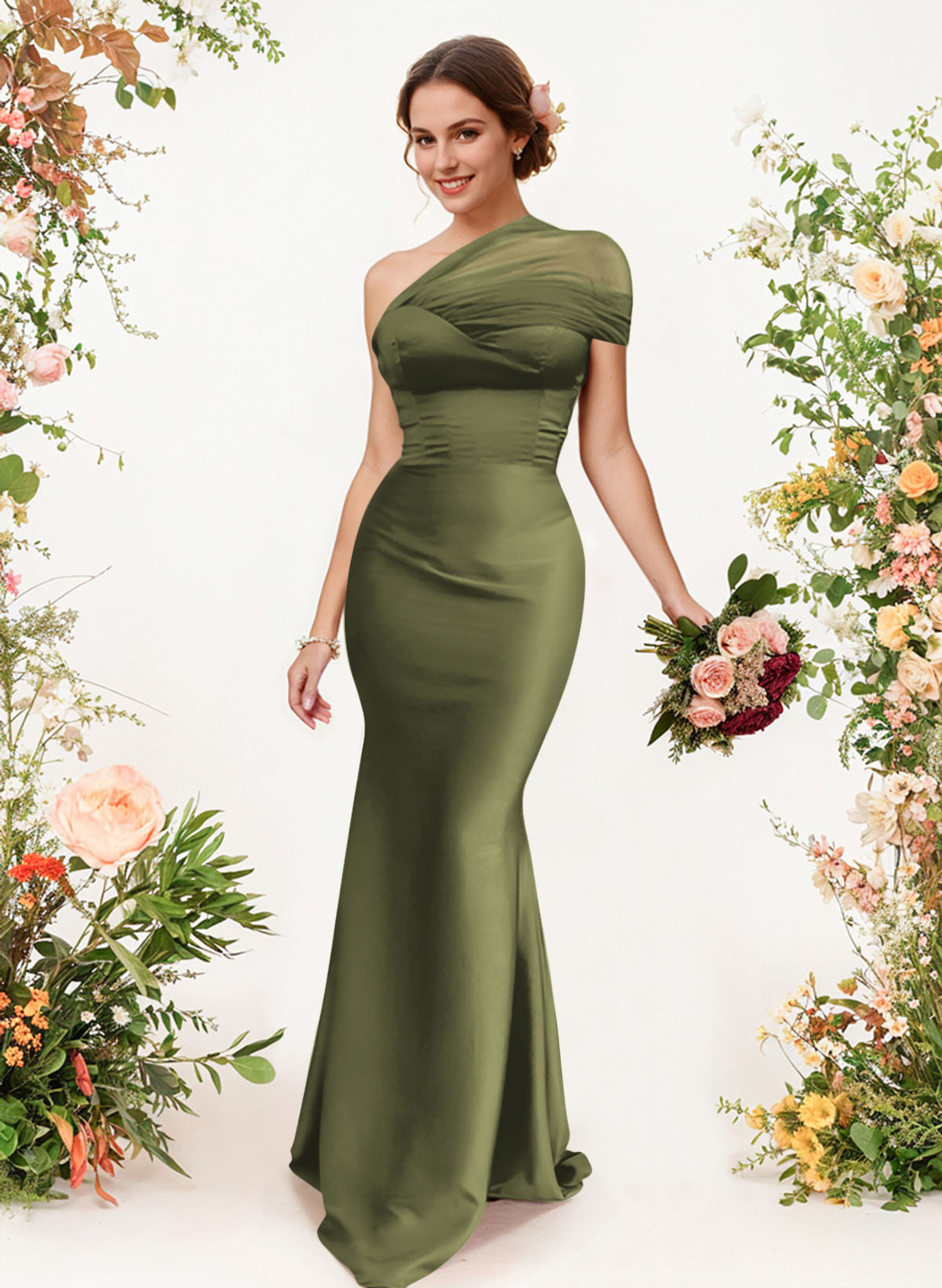 Trumpet/Mermaid One-Shoulder Sleeveless Satin/Tulle Bridesmaid Dresses, product image 240