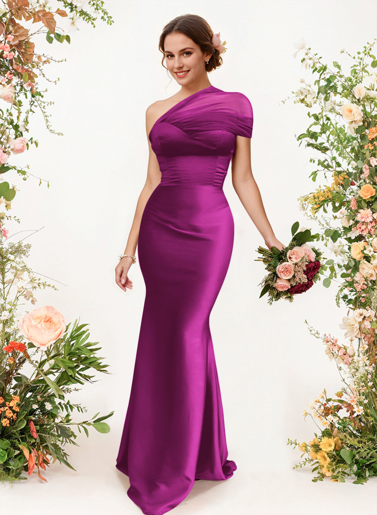Trumpet/Mermaid One-Shoulder Sleeveless Satin/Tulle Bridesmaid Dresses, product image 155