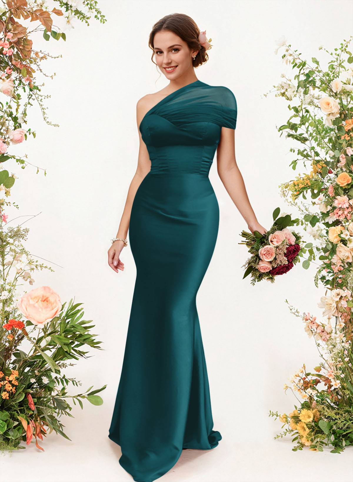 Trumpet/Mermaid One-Shoulder Sleeveless Satin/Tulle Bridesmaid Dresses, product image 230