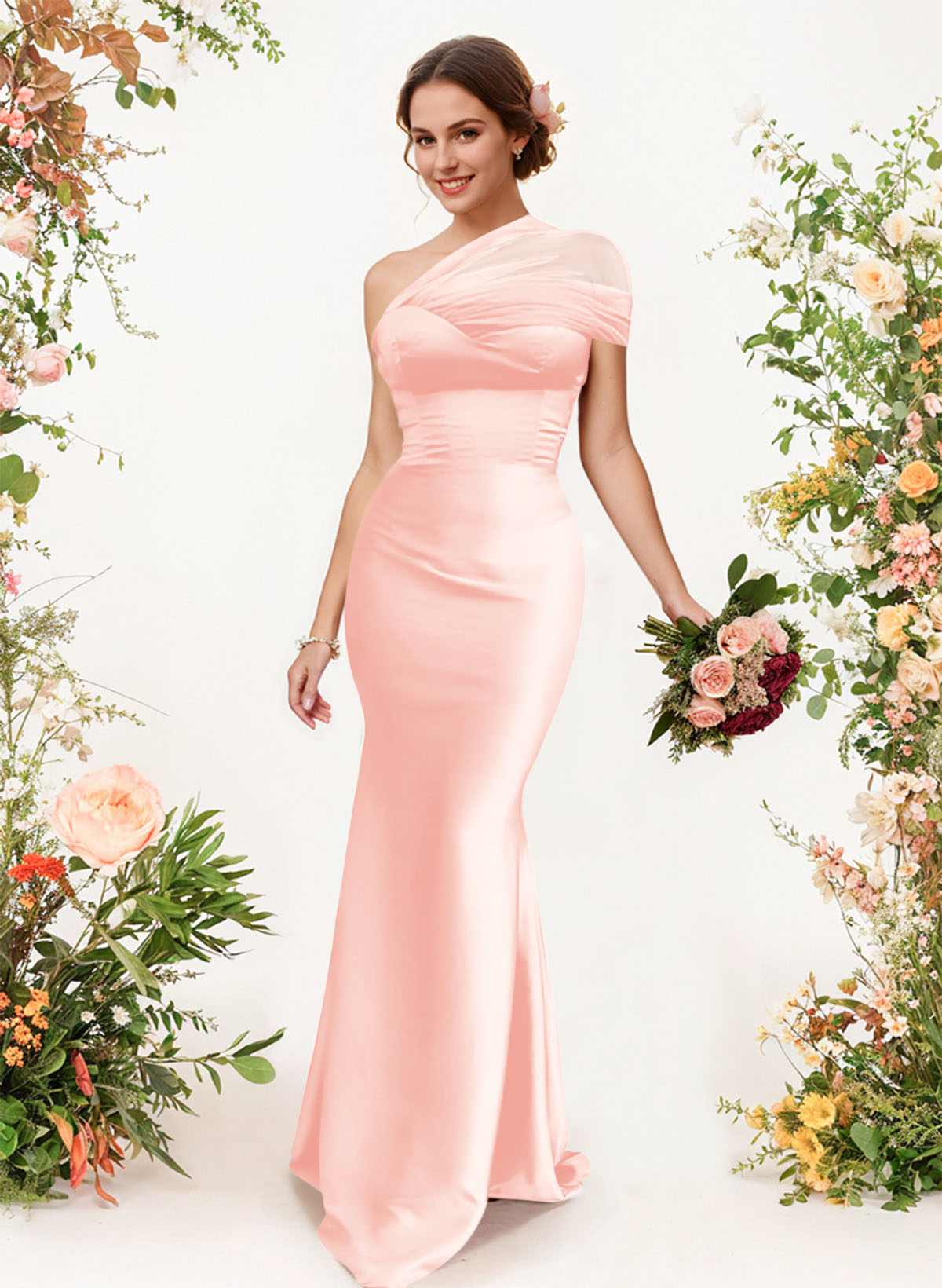 Trumpet/Mermaid One-Shoulder Sleeveless Satin/Tulle Bridesmaid Dresses, product image 90