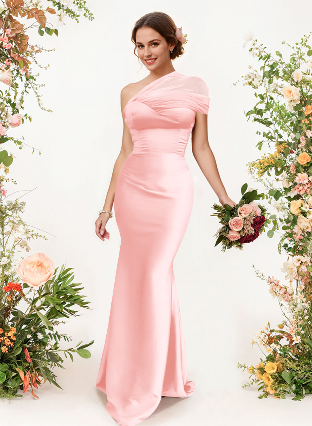 Trumpet/Mermaid One-Shoulder Sleeveless Satin/Tulle Bridesmaid Dresses, product image 100