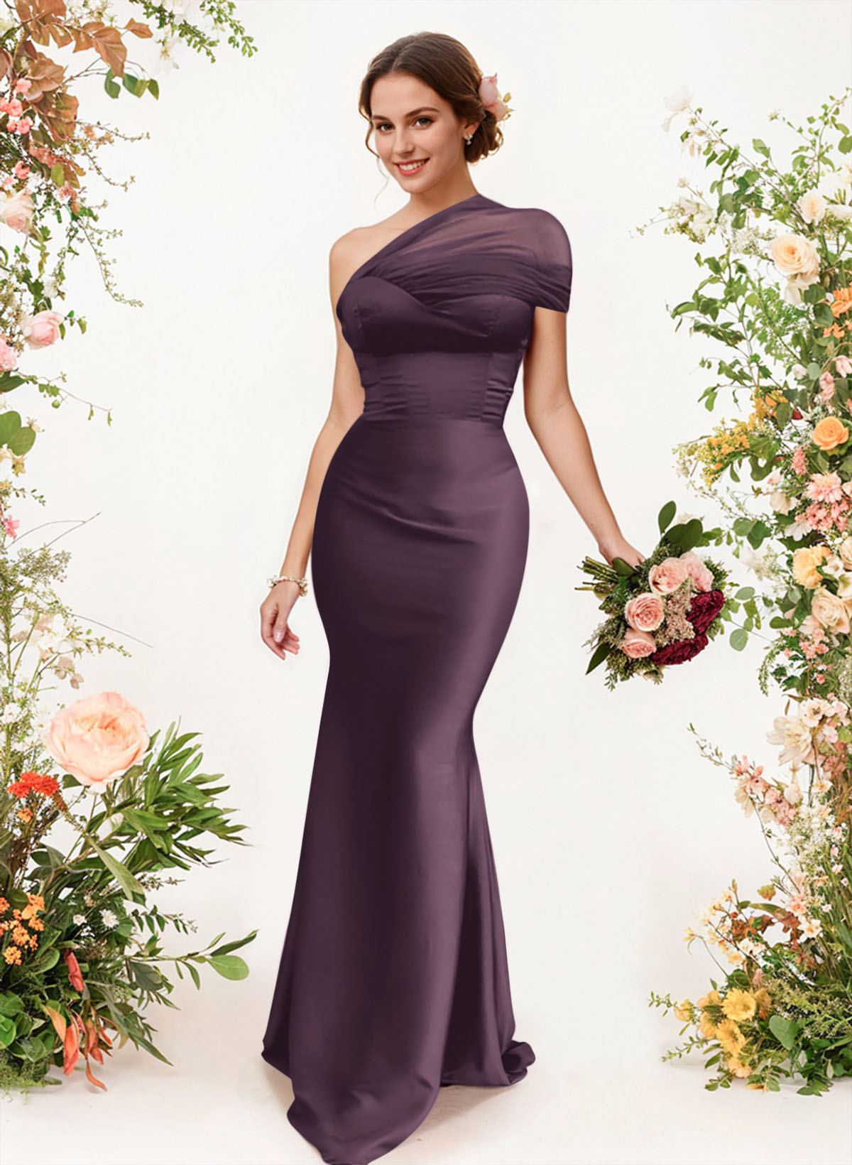 Trumpet/Mermaid One-Shoulder Sleeveless Satin/Tulle Bridesmaid Dresses, product image 205