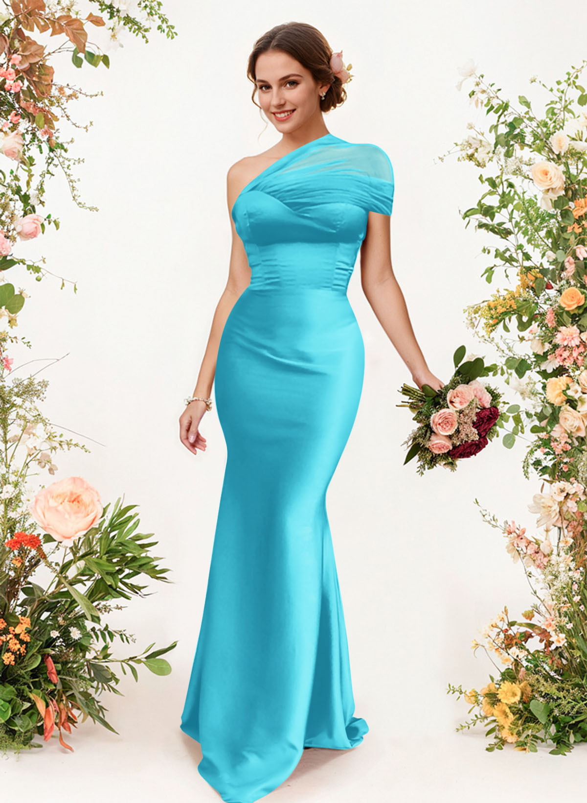 Trumpet/Mermaid One-Shoulder Sleeveless Satin/Tulle Bridesmaid Dresses, product image 60