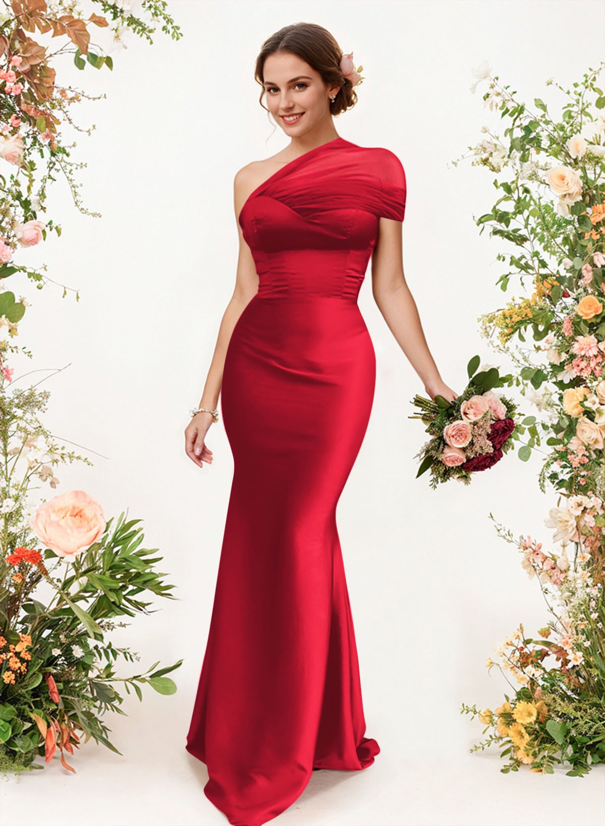 Trumpet/Mermaid One-Shoulder Sleeveless Satin/Tulle Bridesmaid Dresses, product image 120