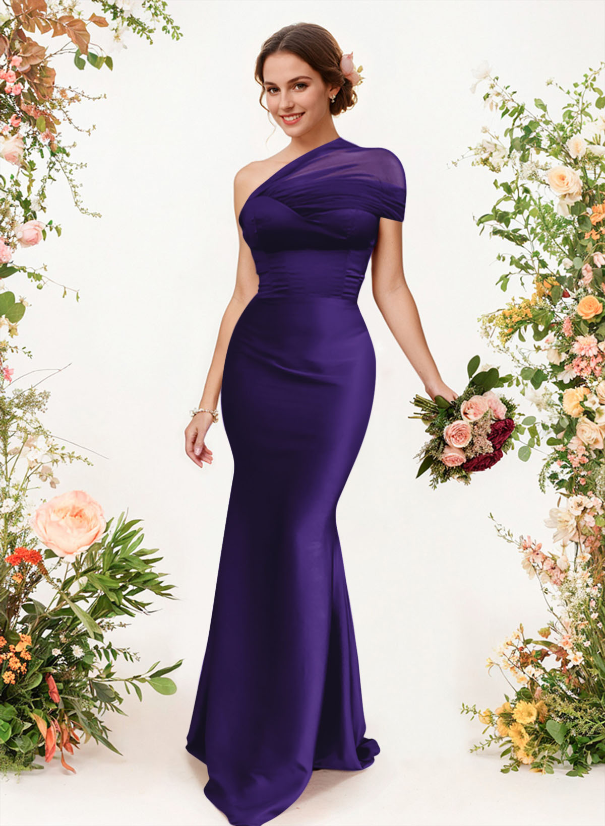 Trumpet/Mermaid One-Shoulder Sleeveless Satin/Tulle Bridesmaid Dresses, product image 160
