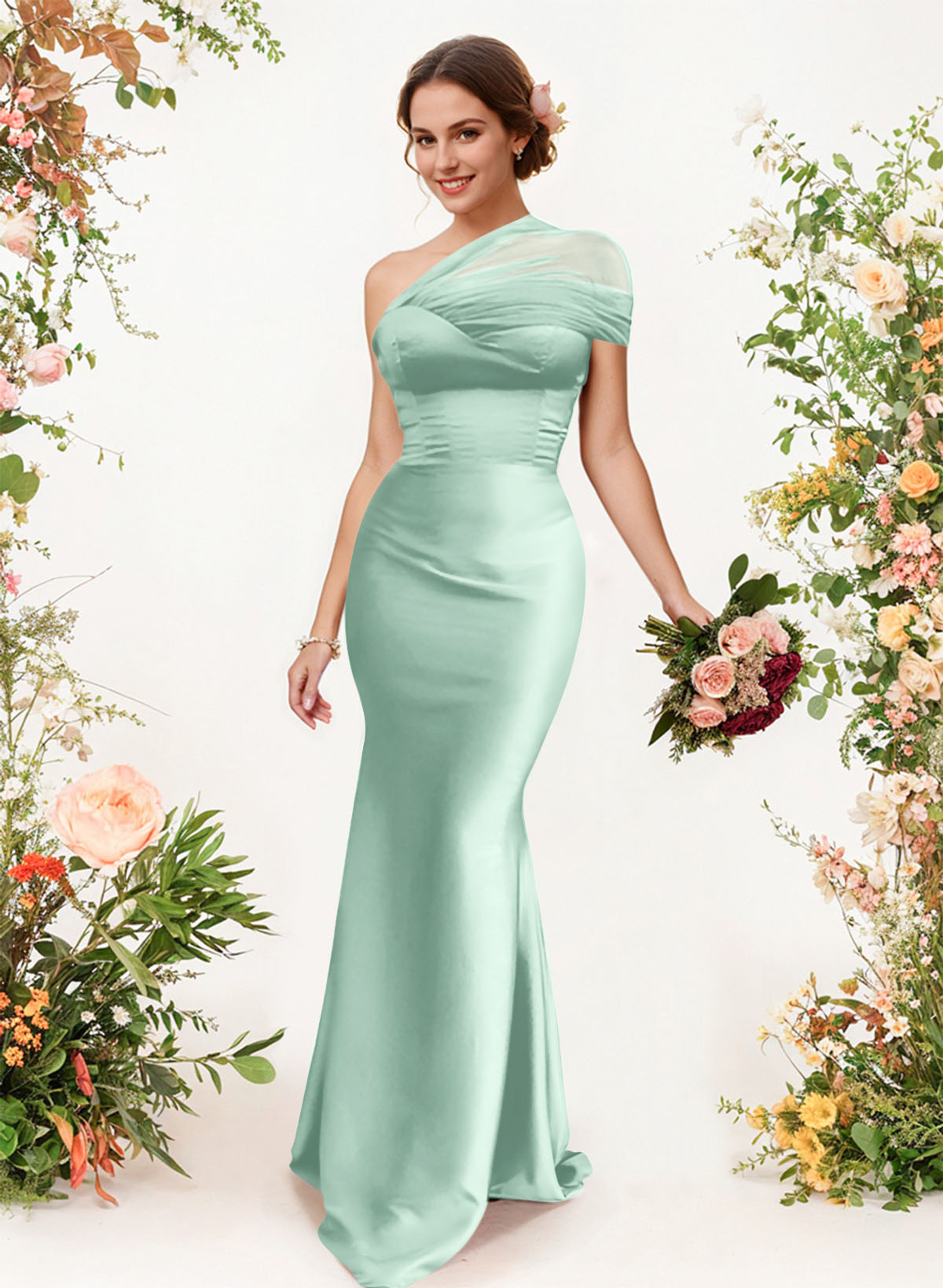 Trumpet/Mermaid One-Shoulder Sleeveless Satin/Tulle Bridesmaid Dresses, product image 220