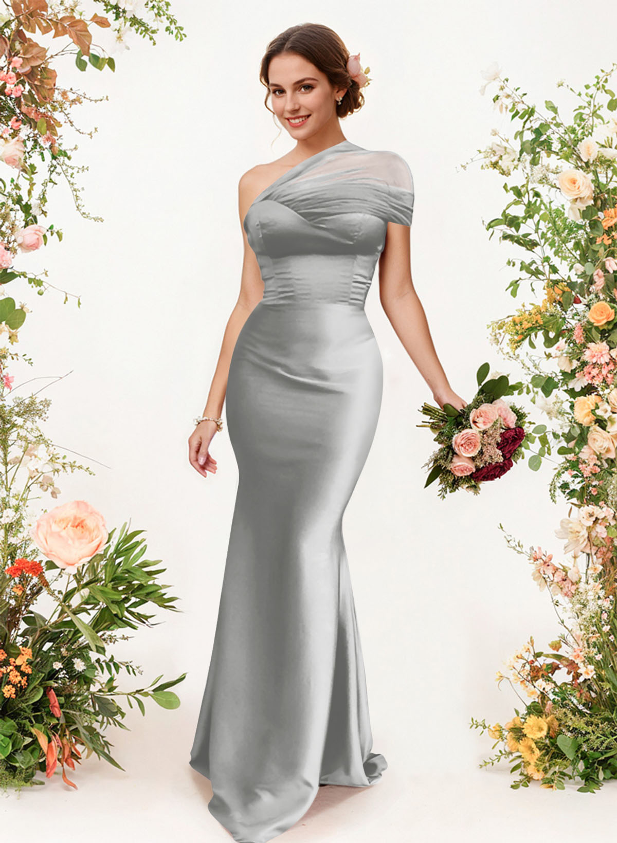 Trumpet/Mermaid One-Shoulder Sleeveless Satin/Tulle Bridesmaid Dresses, product image 325