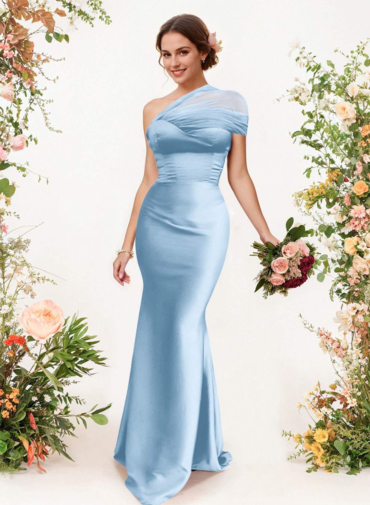 Trumpet/Mermaid One-Shoulder Sleeveless Satin/Tulle Bridesmaid Dresses, product image 50