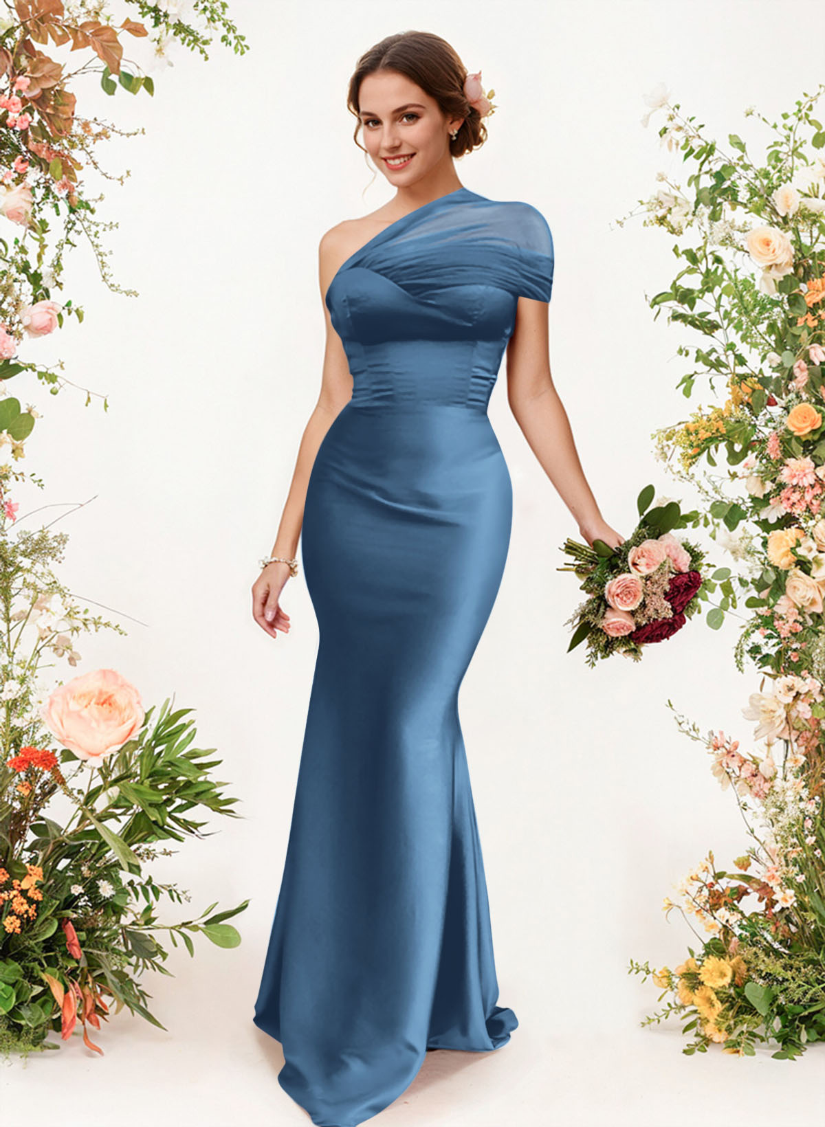 Trumpet/Mermaid One-Shoulder Sleeveless Satin/Tulle Bridesmaid Dresses, product image 35