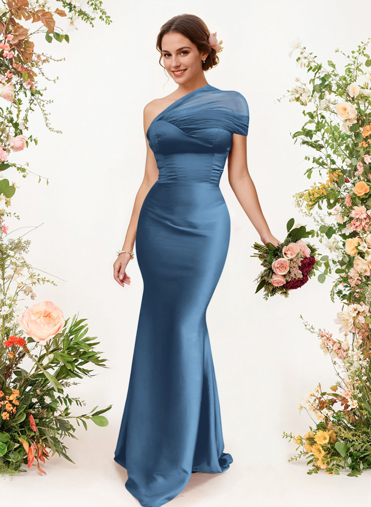 Trumpet/Mermaid One-Shoulder Sleeveless Satin/Tulle Bridesmaid Dresses, product image 35