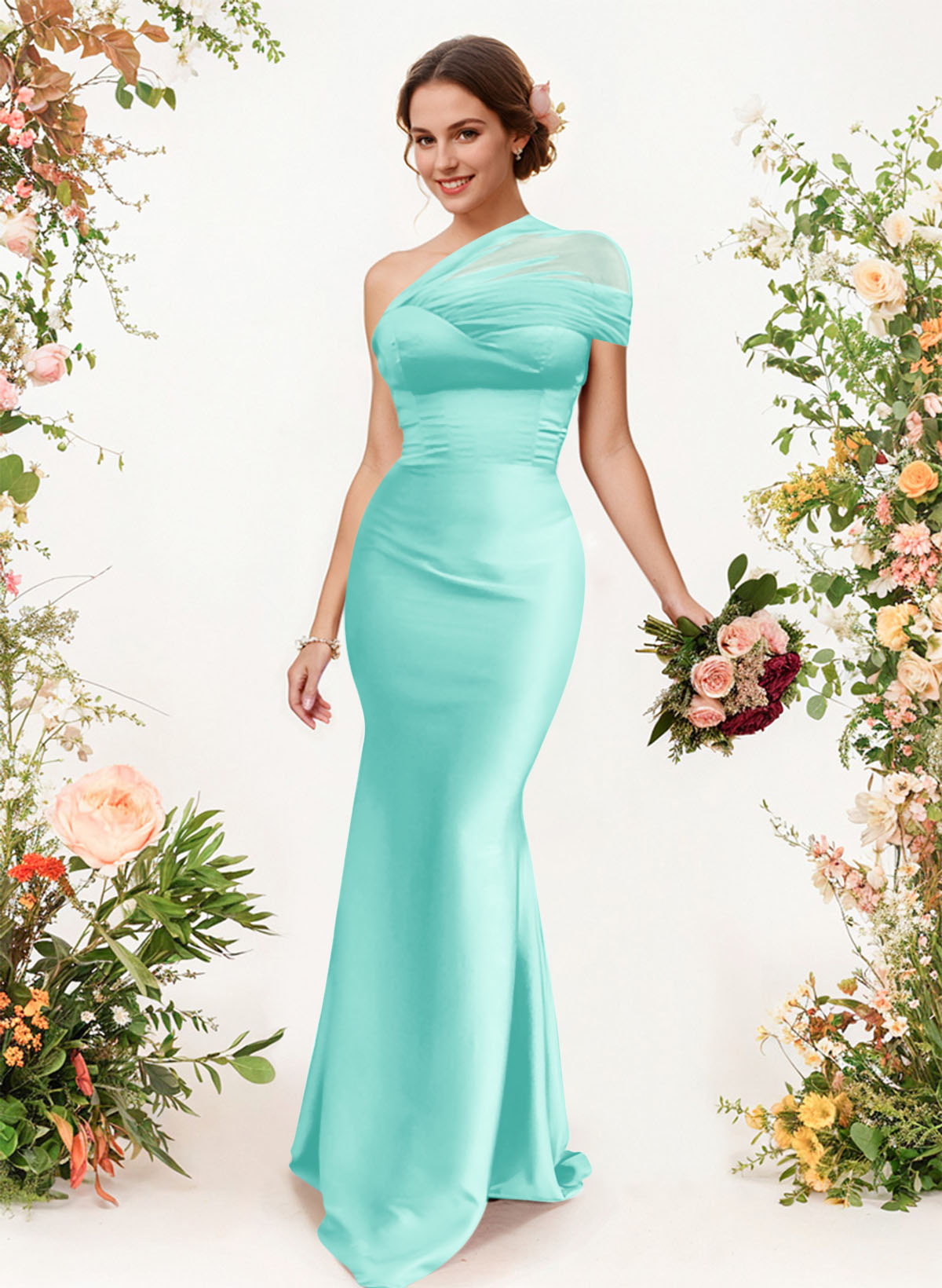 Trumpet/Mermaid One-Shoulder Sleeveless Satin/Tulle Bridesmaid Dresses, product image 265