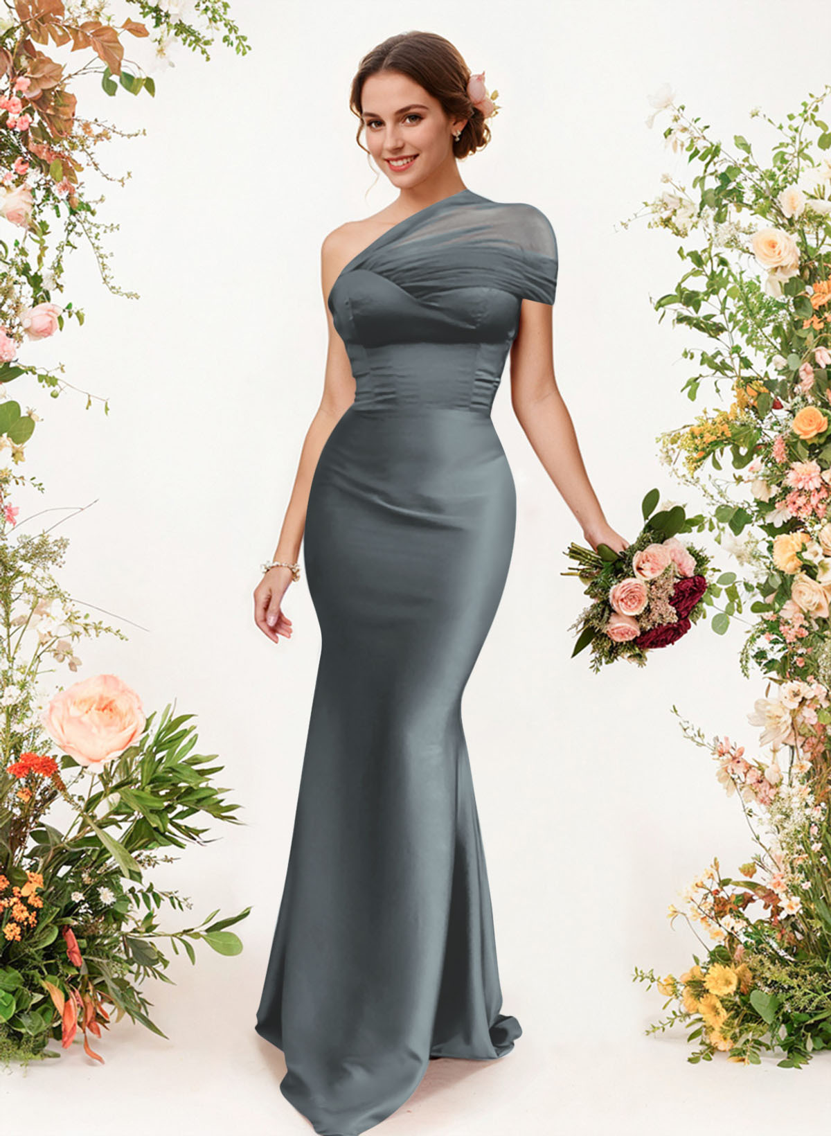 Trumpet/Mermaid One-Shoulder Sleeveless Satin/Tulle Bridesmaid Dresses, product image 330