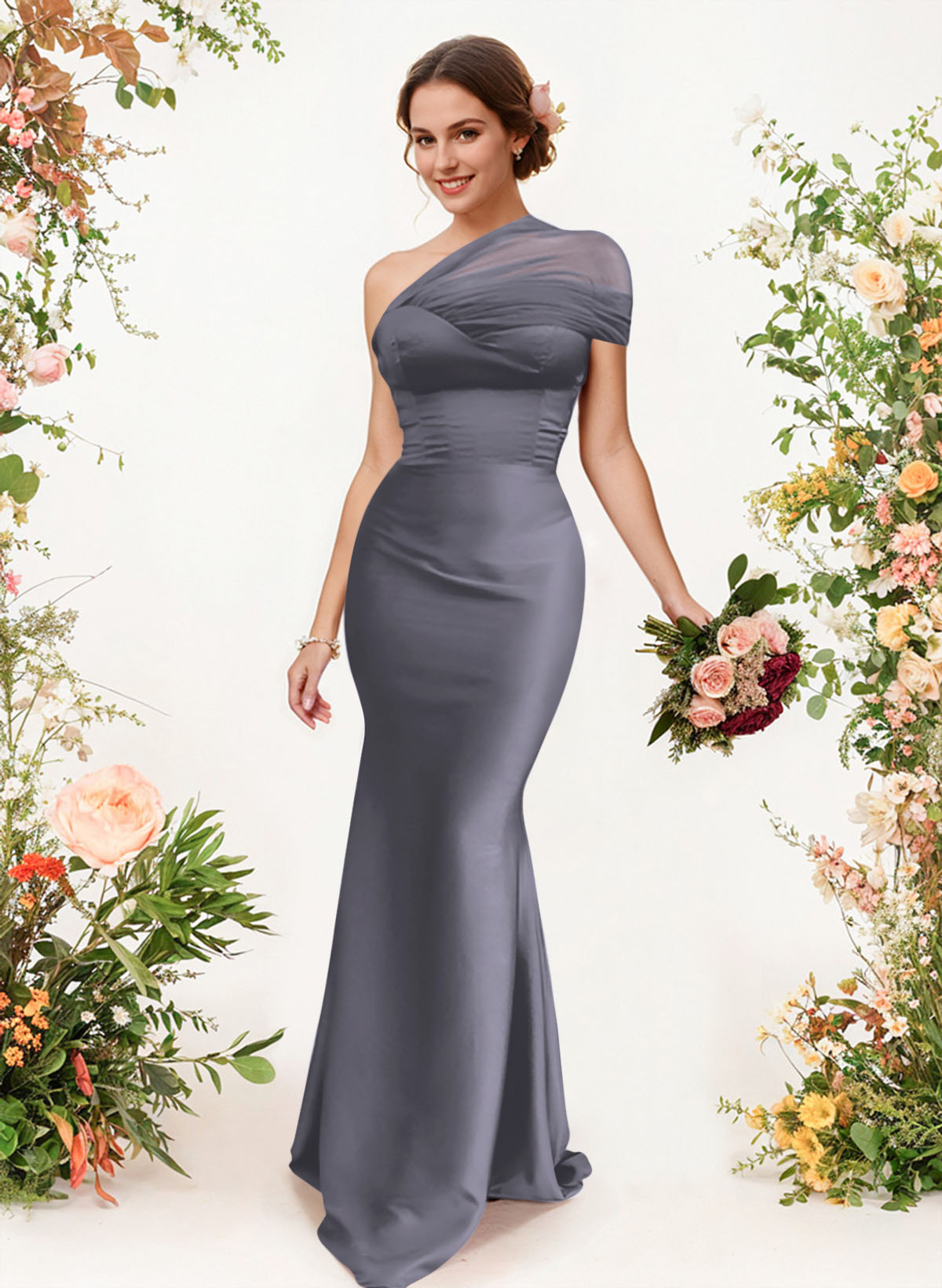 Trumpet/Mermaid One-Shoulder Sleeveless Satin/Tulle Bridesmaid Dresses, product image 40