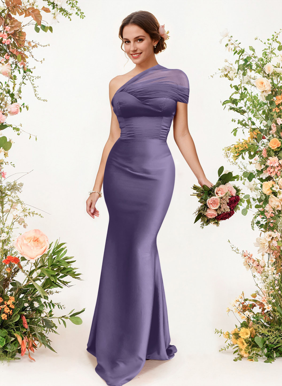 Trumpet/Mermaid One-Shoulder Sleeveless Satin/Tulle Bridesmaid Dresses, product image 175