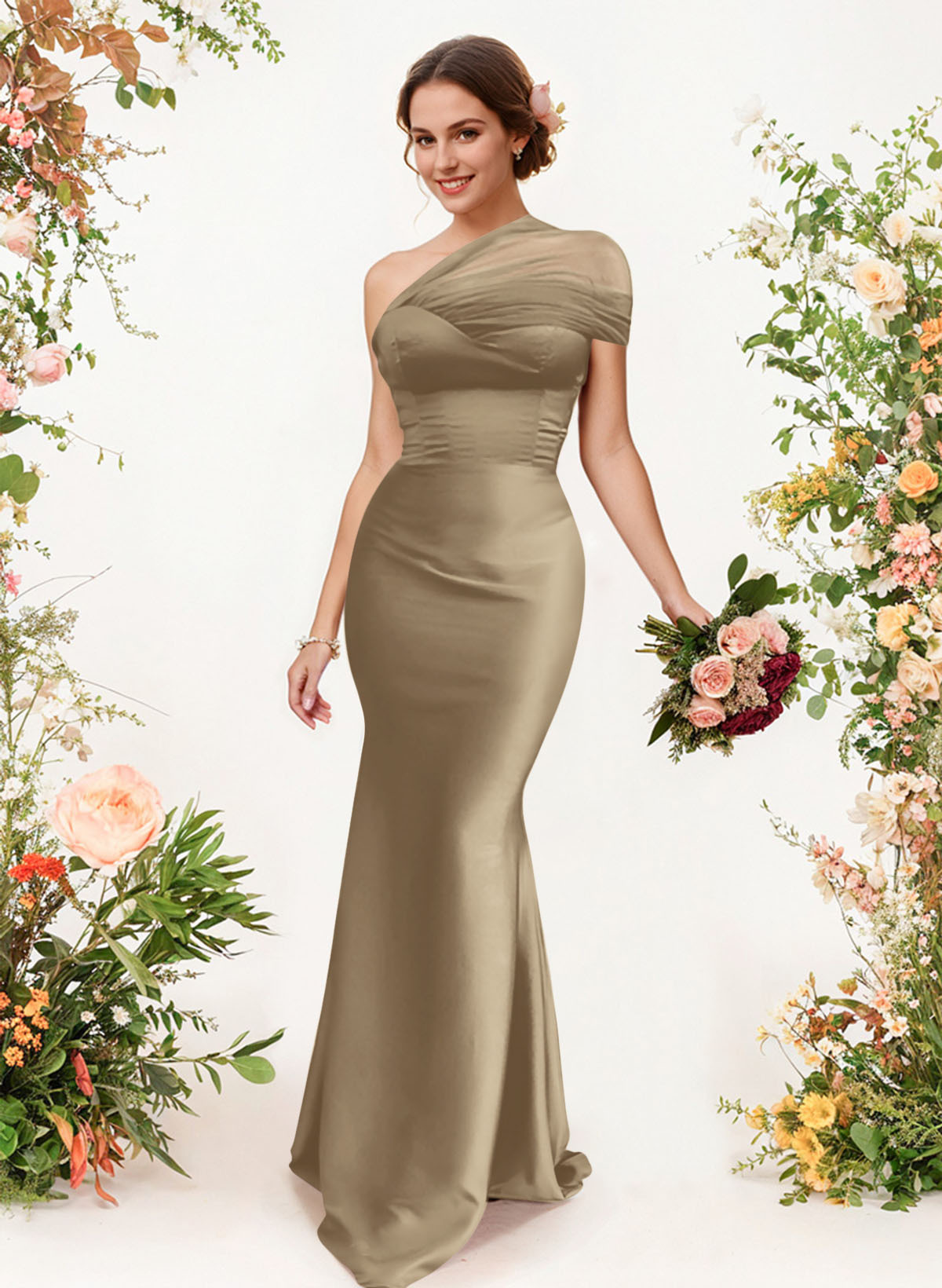 Trumpet/Mermaid One-Shoulder Sleeveless Satin/Tulle Bridesmaid Dresses, product image 270