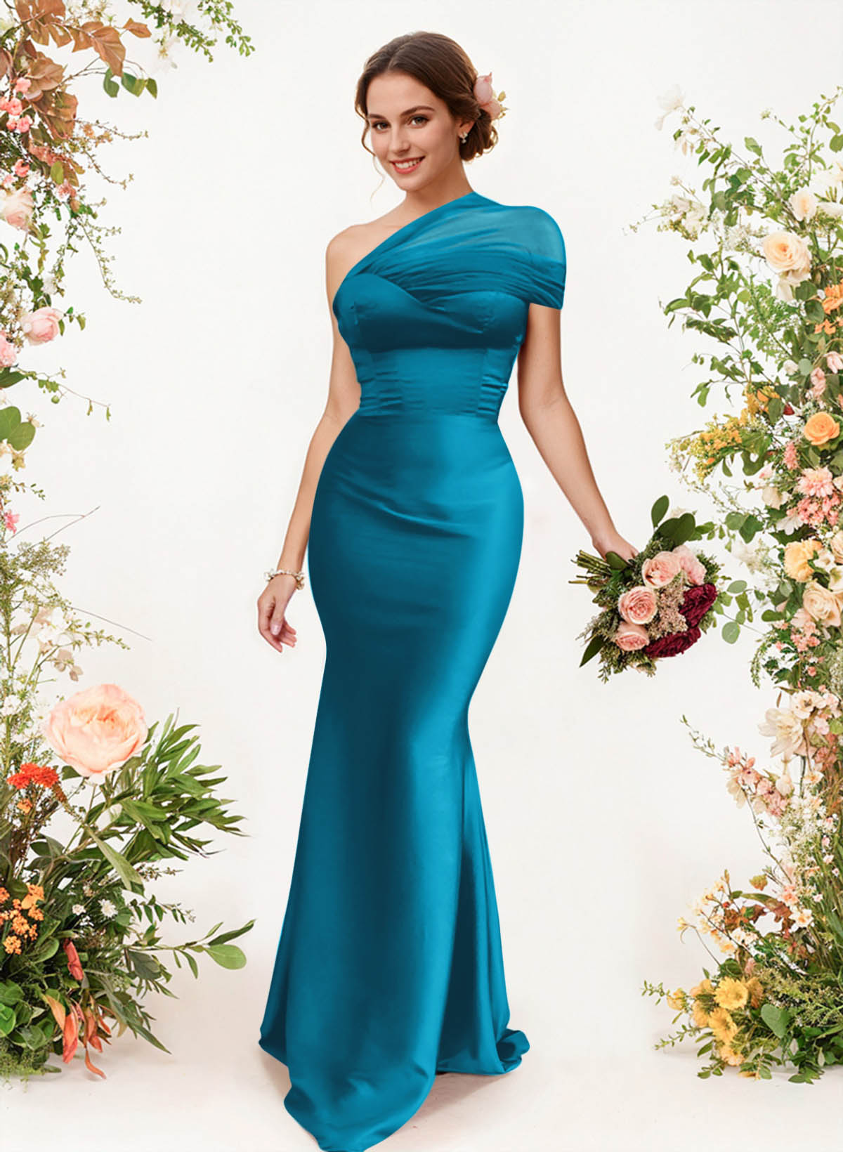 Trumpet/Mermaid One-Shoulder Sleeveless Satin/Tulle Bridesmaid Dresses, product image 345
